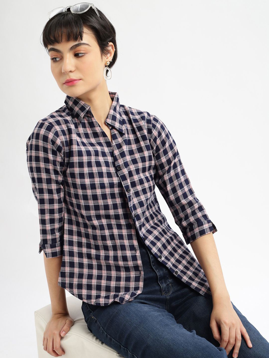 

SHOWOFF Women Comfort Slim Fit Opaque Checked Casual Shirt, Navy blue