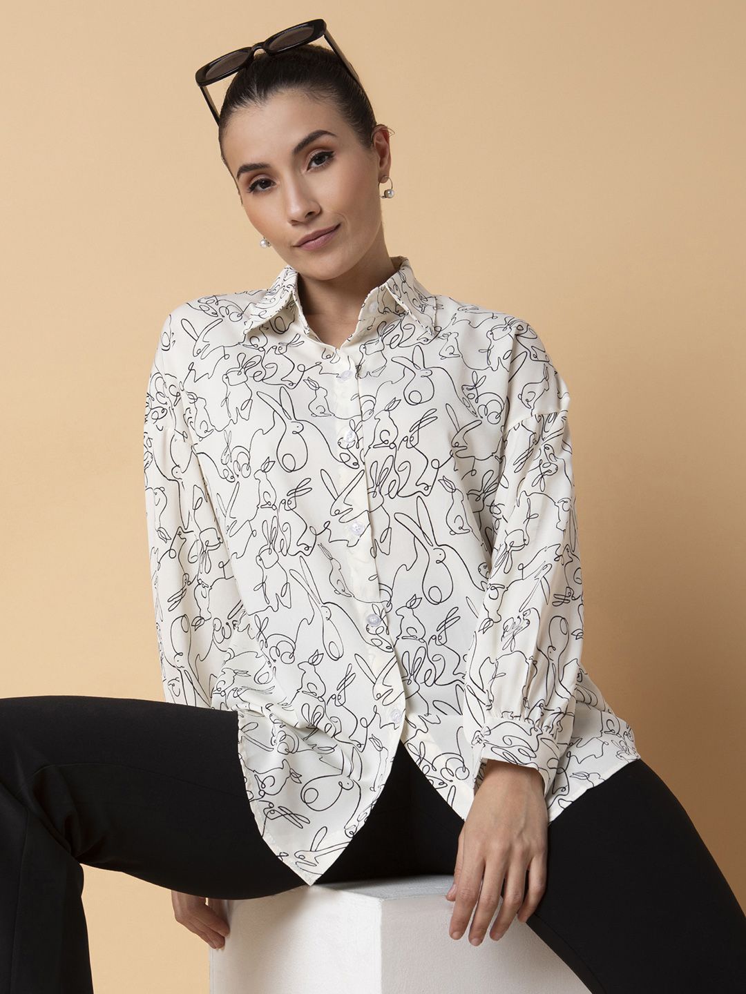 

SHOWOFF Women Relaxed Boxy Floral Opaque Printed Casual Shirt, Cream