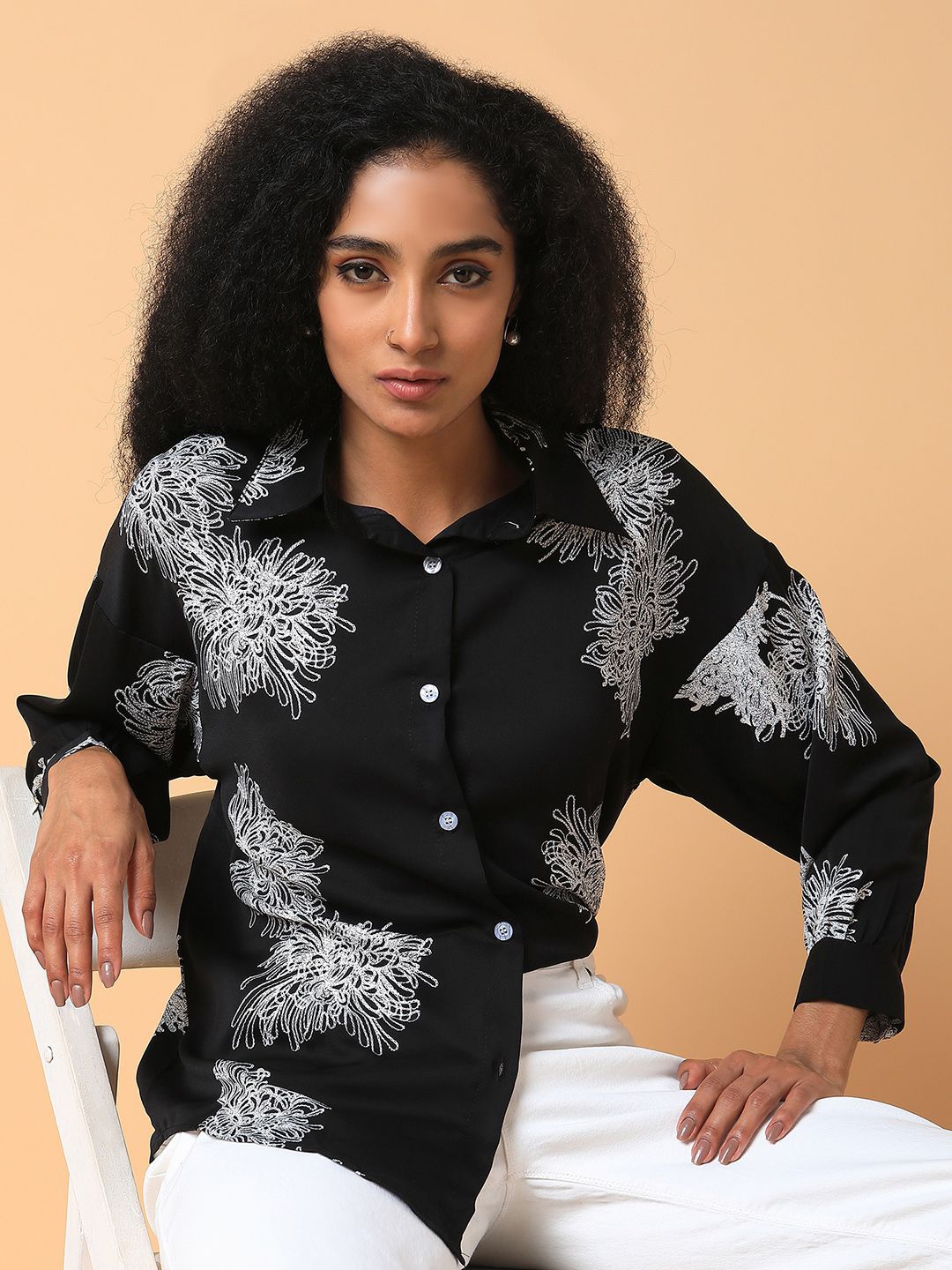 

SHOWOFF Women Relaxed Boxy Floral Opaque Printed Casual Shirt, Black