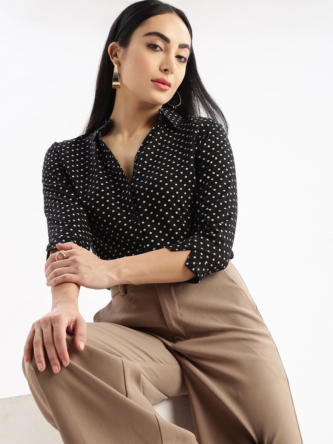 

SHOWOFF Women Comfort Slim Fit Polka Dot Opaque Printed Casual Shirt, Black