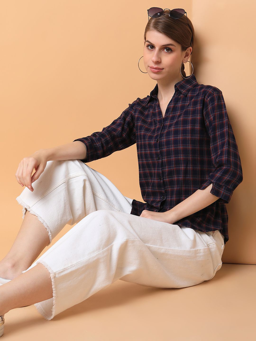 

SHOWOFF Women Comfort Slim Fit Spread Collar Checked Casual Shirt, Navy blue