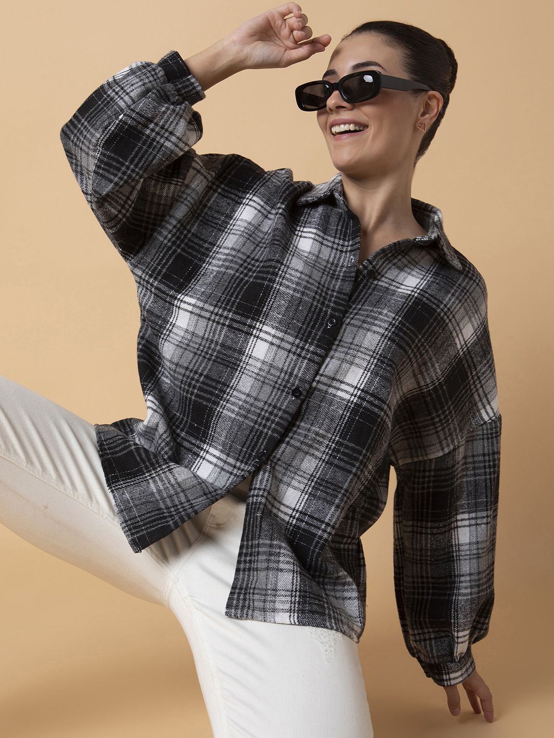 

SHOWOFF Women Relaxed Checked Spread Oversized Shirt, Black