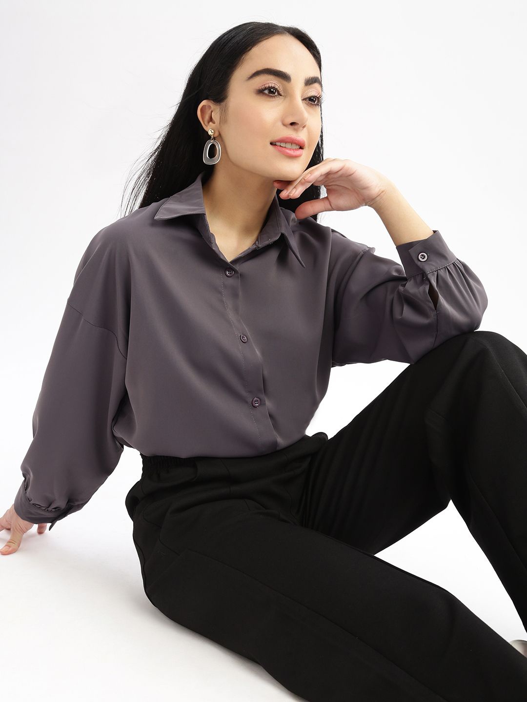 

SHOWOFF Women Relaxed Solid Drop Shoulder Wrinkle Free Oversized Shirt, Grey
