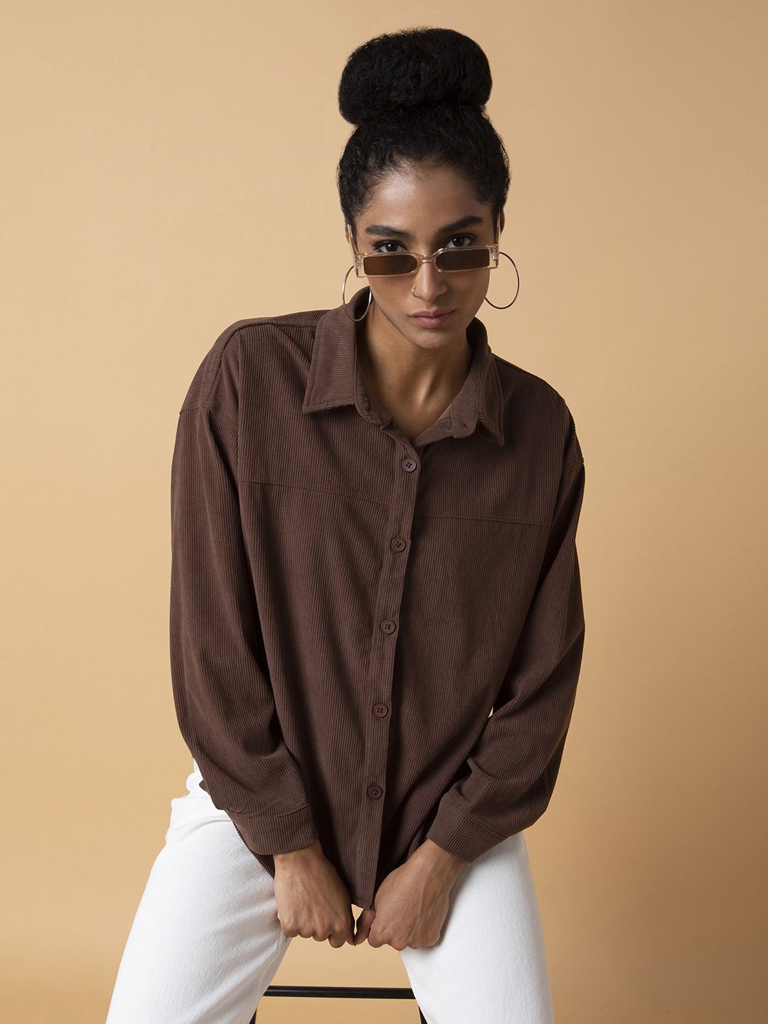 

SHOWOFF Women Relaxed Solid Spread Collar Drop Shoulder Oversized Shirt, Brown