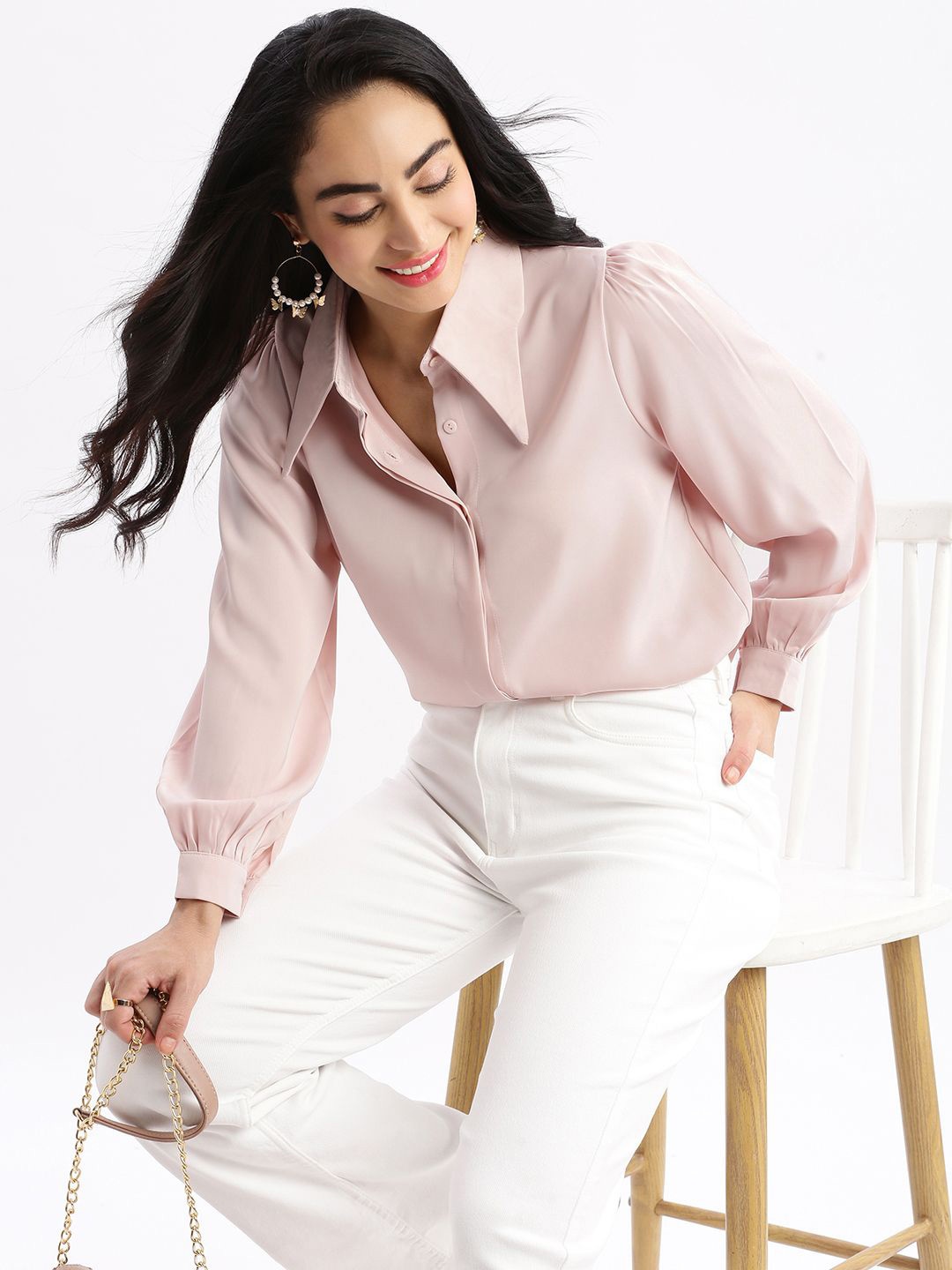 

SHOWOFF Women's Solid Spread Collar Shirt, Peach