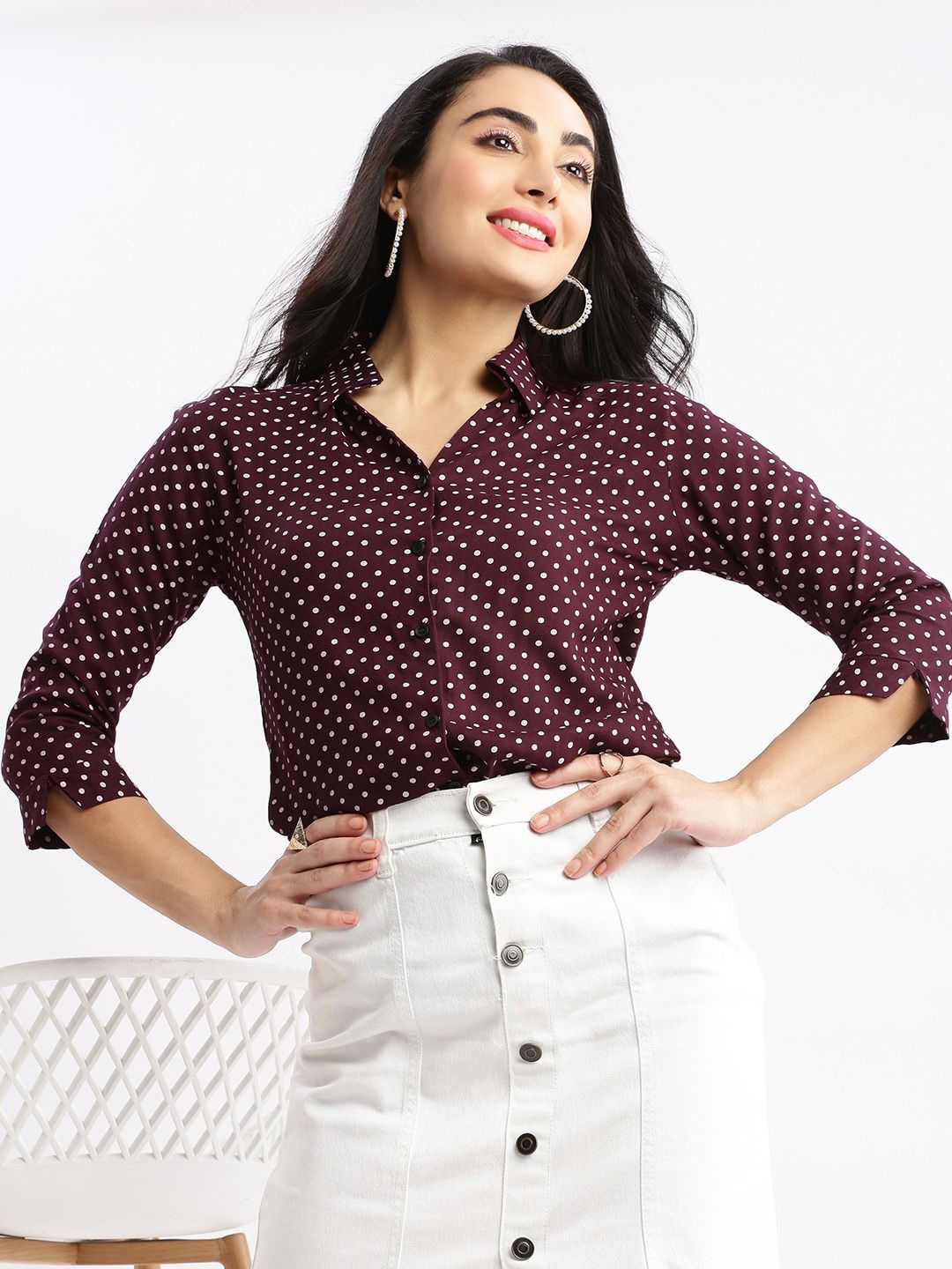 

SHOWOFF Women Comfort Slim Fit Polka Dot Printed Casual Shirt, Maroon