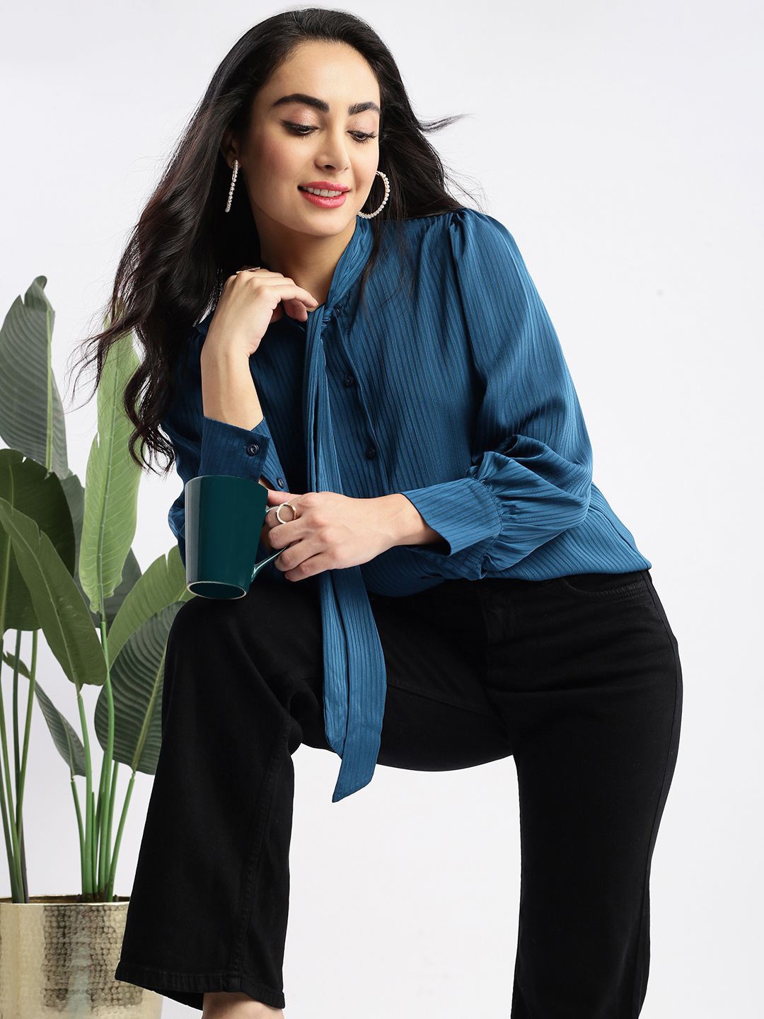 

SHOWOFF Women Tie-Up Neck Shirt Style Tops, Teal