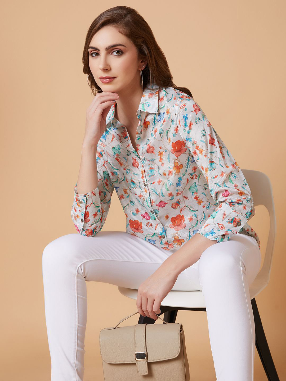

SHOWOFF Women Standard Floral Printed Spread Collar Shirt, White