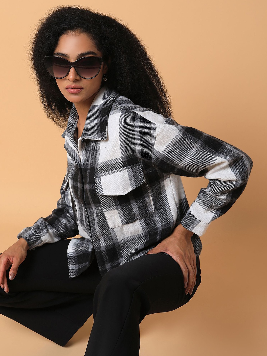 

SHOWOFF Women Relaxed Spread Collar Checked Oversized Shirt, Black