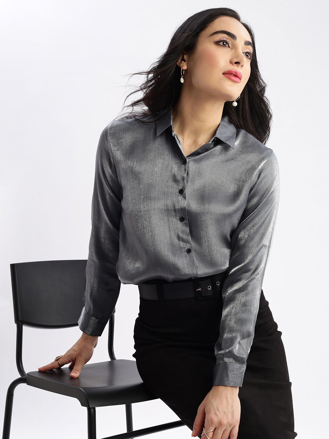 

SHOWOFF Women Comfort Slim Fit Spread Collar Casual Shirt, Grey