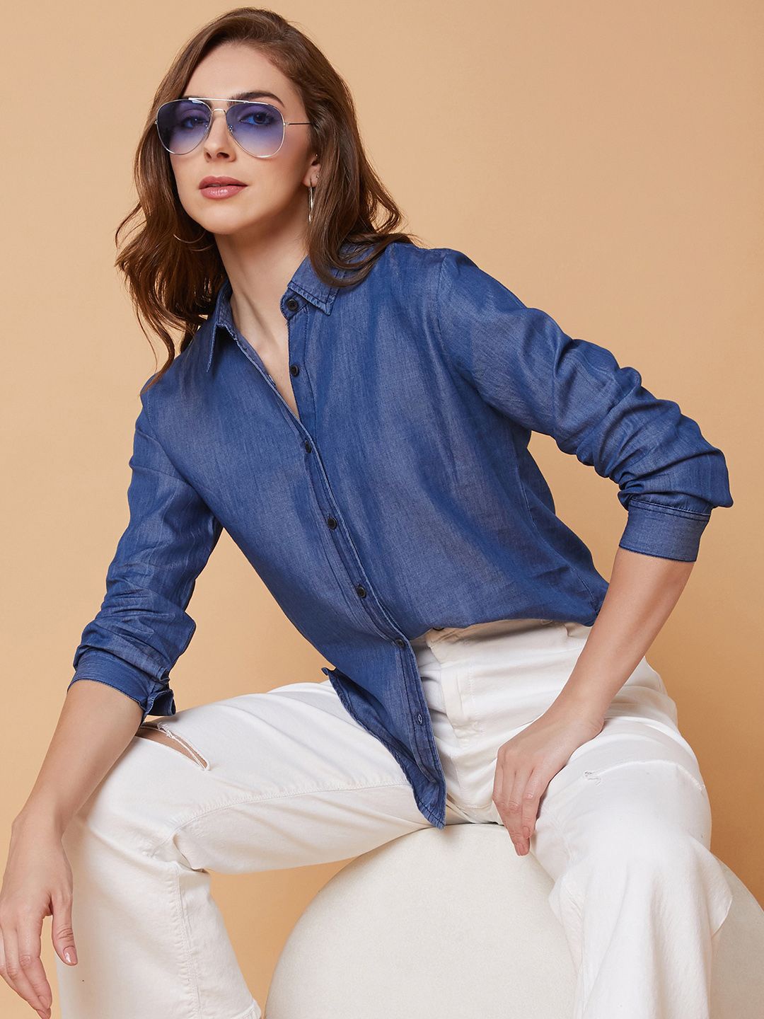 

SHOWOFF Women Solid Spread Collar Standard Slim Fit Casual Shirt, Blue