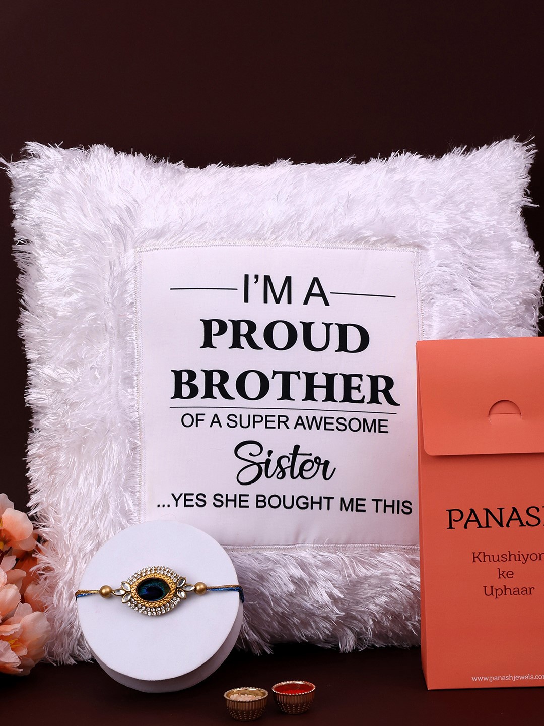 

PANASH Gold Plated Rakhi With Gift Set Of Pillow & Roli Chawal