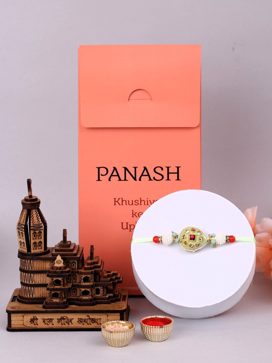 

PANASH Set Of 3 Gold Plated Beaded With Stone Studded Rakhis With Gift Set & Roli Chawal