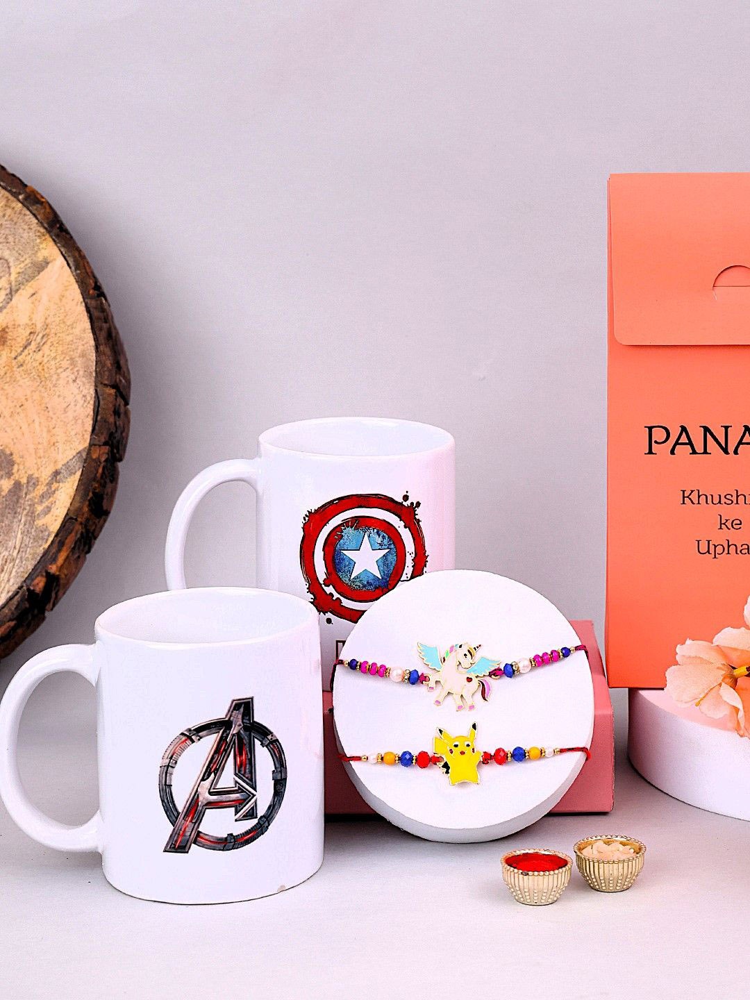

PANASH Set Of5 Gold Plated Rakhis With Printed Mug & Roli Chawal