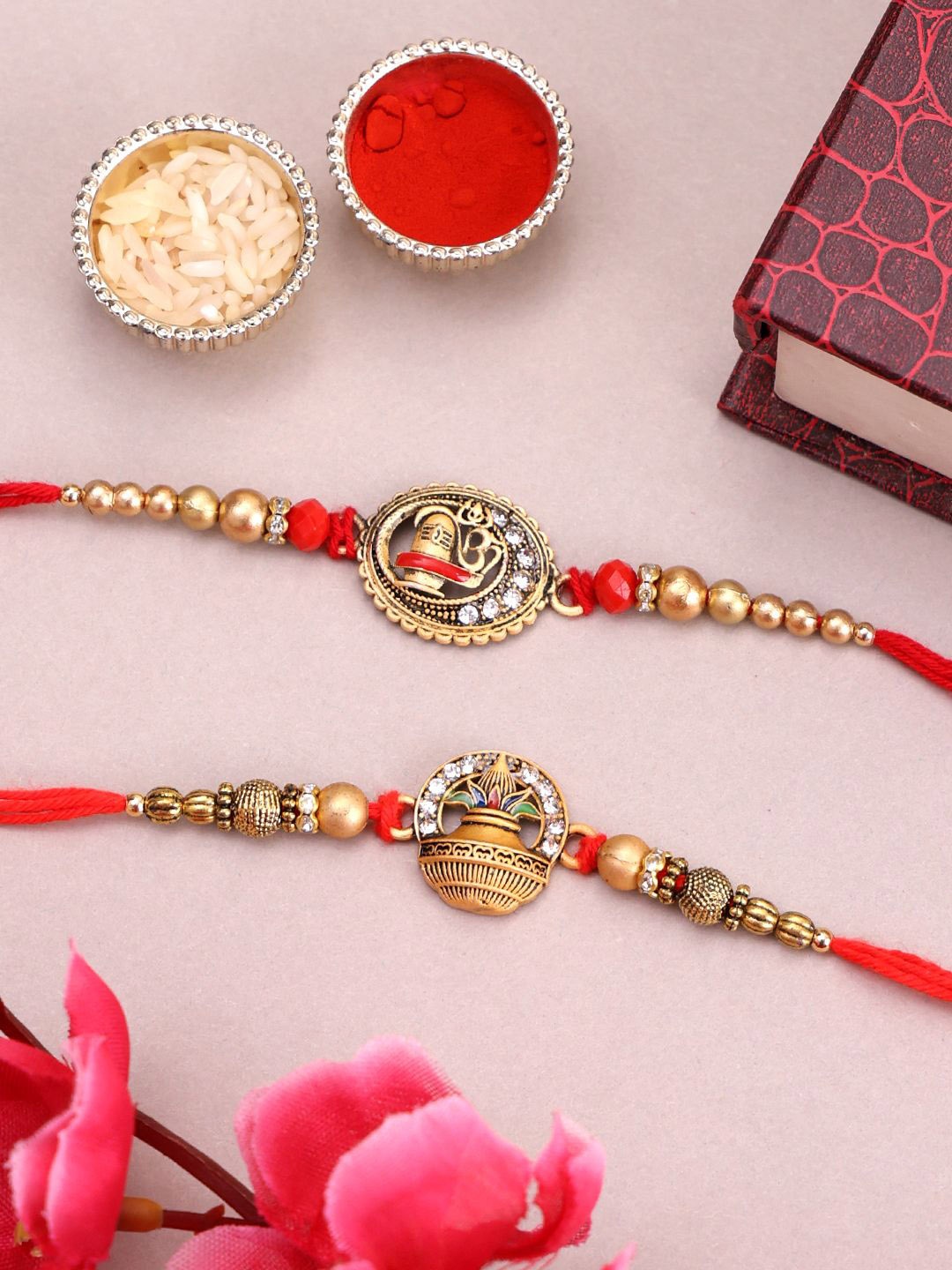 

PANASH Set Of 3 Gold-Plated Beaded Thread Rakhi And Showpiece With Roli Chawal, Red