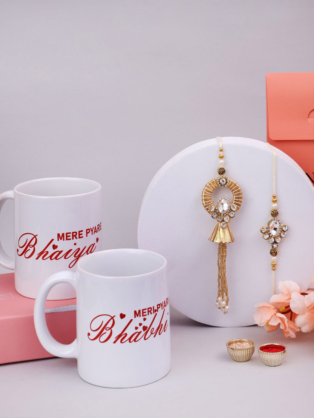 

PANASH Set Of 4 Gold-Plated Beaded & Stone Studded Rakhi And Printed Mug With Roli Chawal