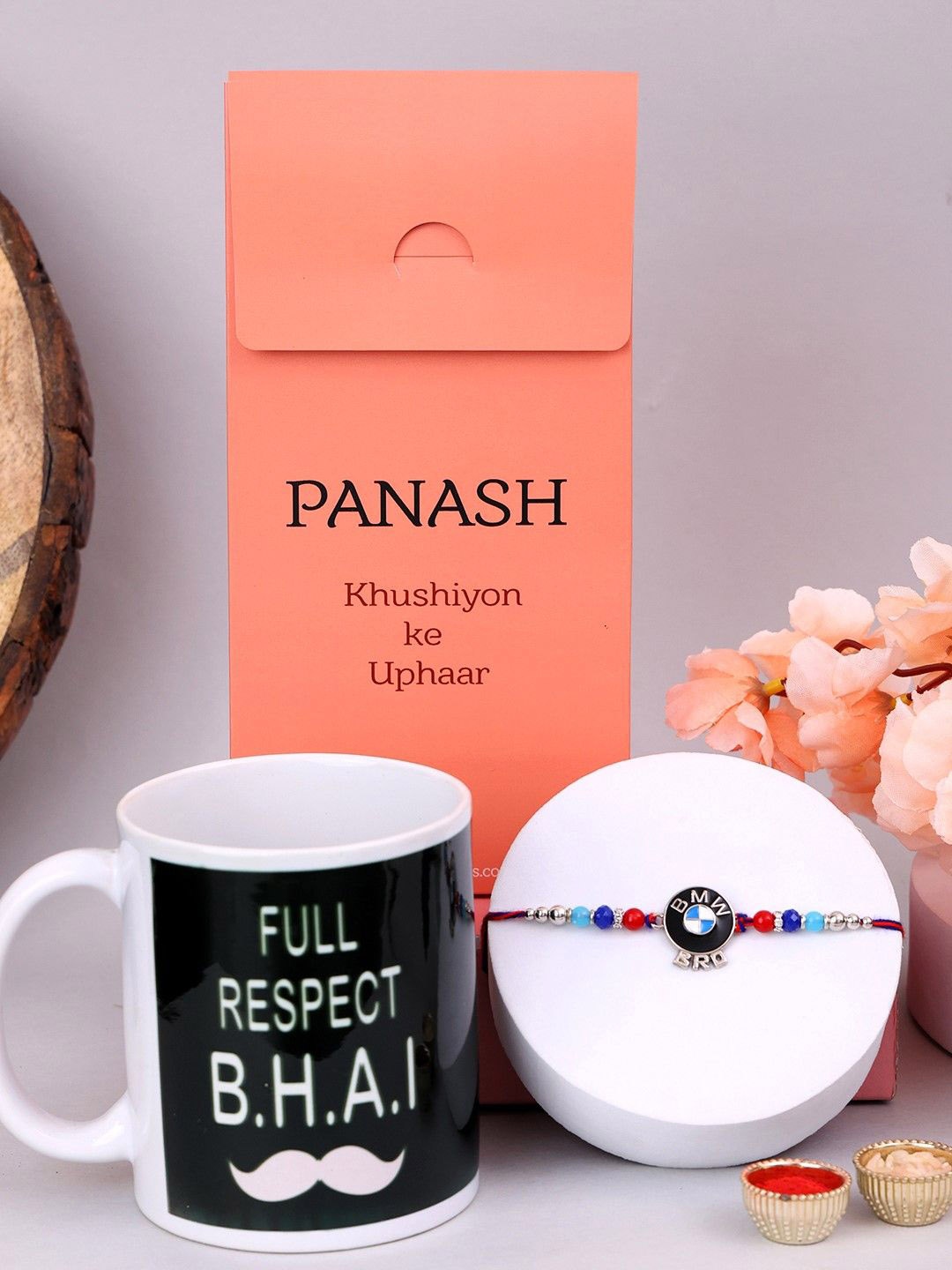 

PANASH Set of 2 Silver-Plated Beaded Thread Rakhi With Printed Mug & Roli Chawal