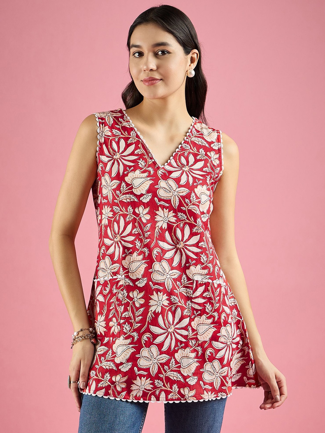 

DressBerry Women Floral Printed Cotton Regular Top, Red