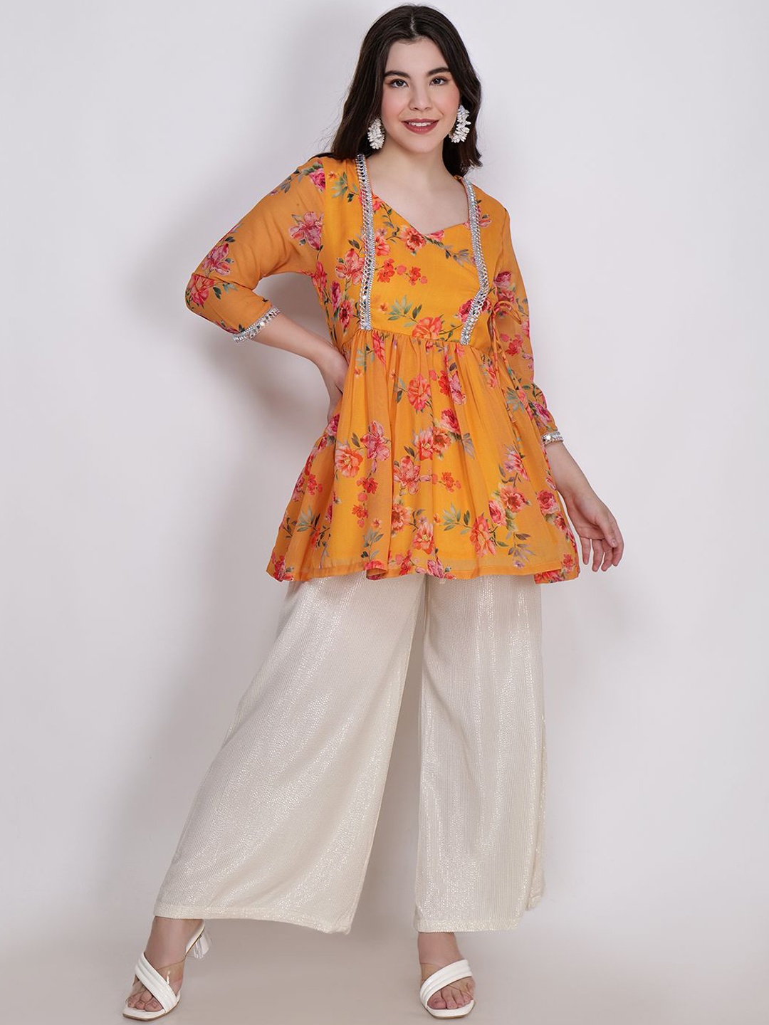 

Frolic Rolic Floral Printed Georgette Mid Thigh Length Kurta, Yellow