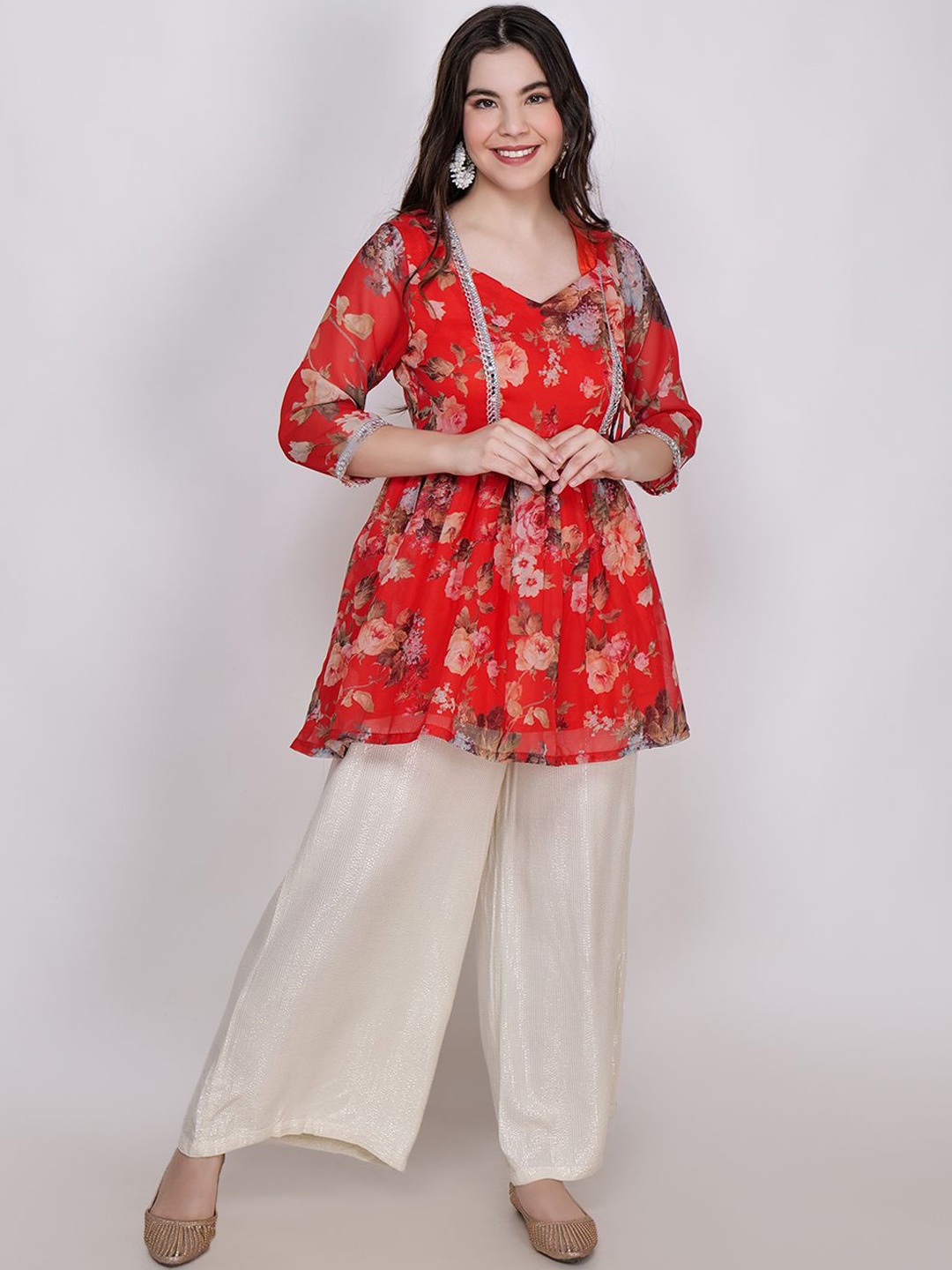 

Frolic Rolic Red Floral Printed Georgette Mid-Thigh Length Kurta