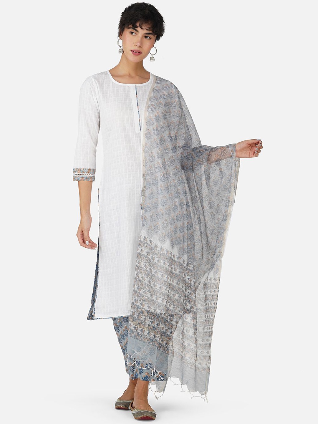 

KAHVA Checked Printed Round Neck Pure Cotton Straight Kurta With Trousers & Dupatta, White