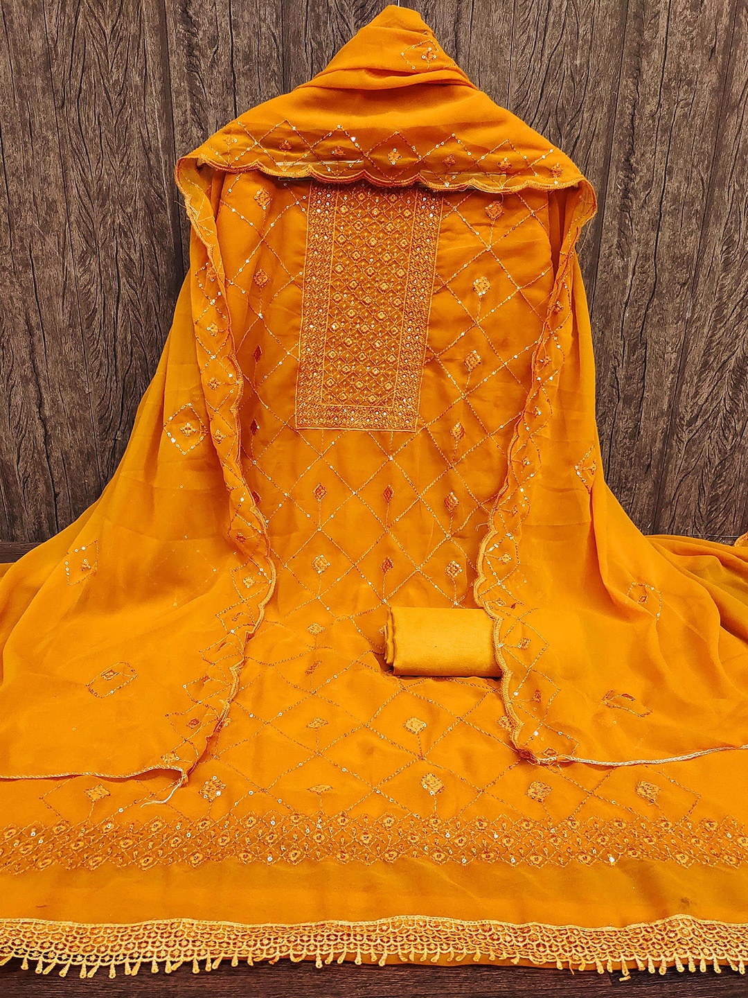 

KALINI Embroidered Silk Georgette Unstitched Dress Material, Mustard
