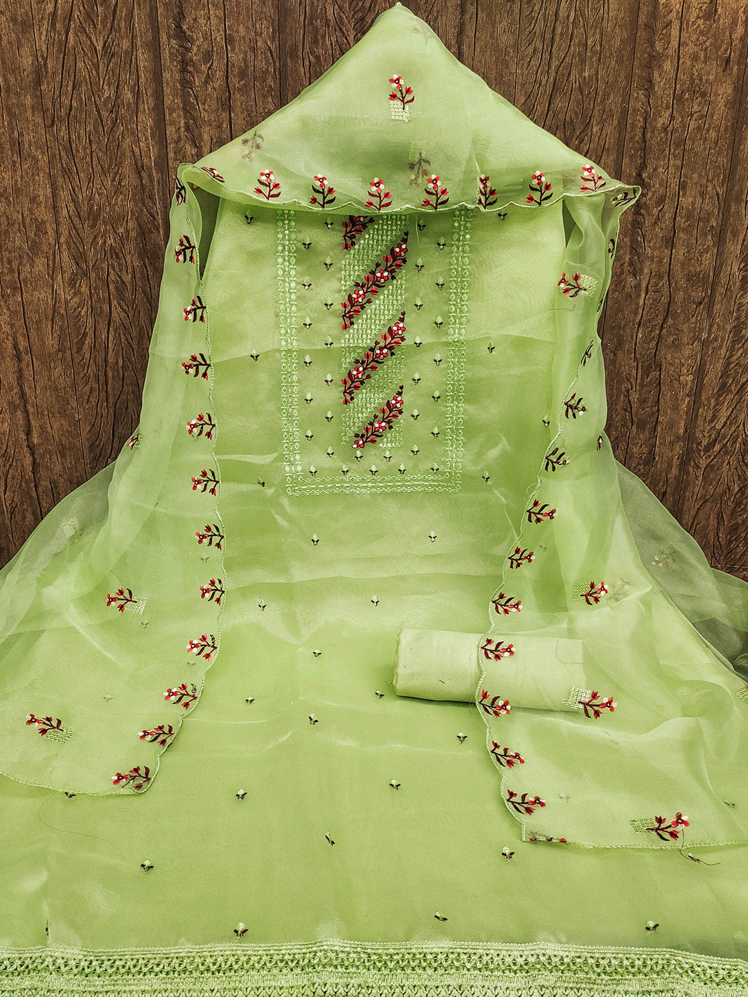 

KALINI Embroidered Organza Unstitched Dress Material, Green