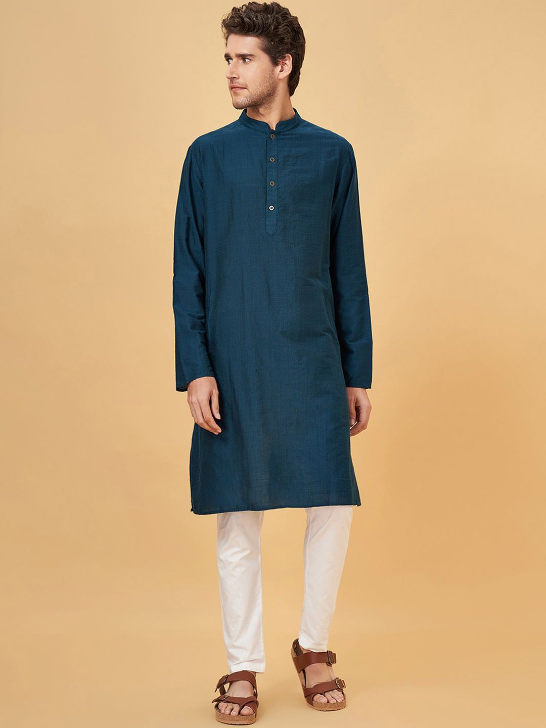 

indus route by Pantaloons Mandarin Collar Long Sleeves Straight Kurta, Teal