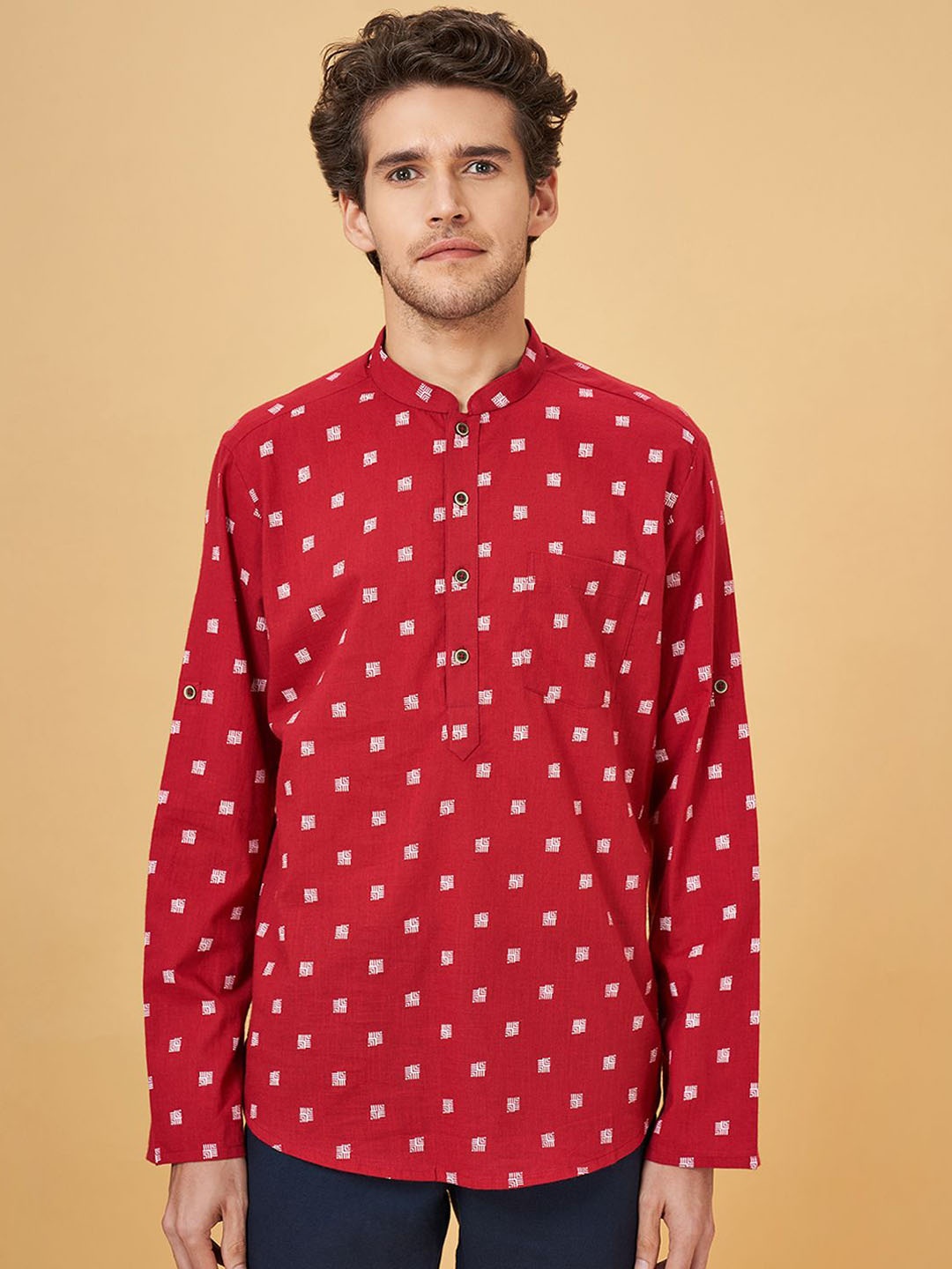 

indus route by Pantaloons Printed Mandarin Collar Pure Cotton Pathani Kurta, Red