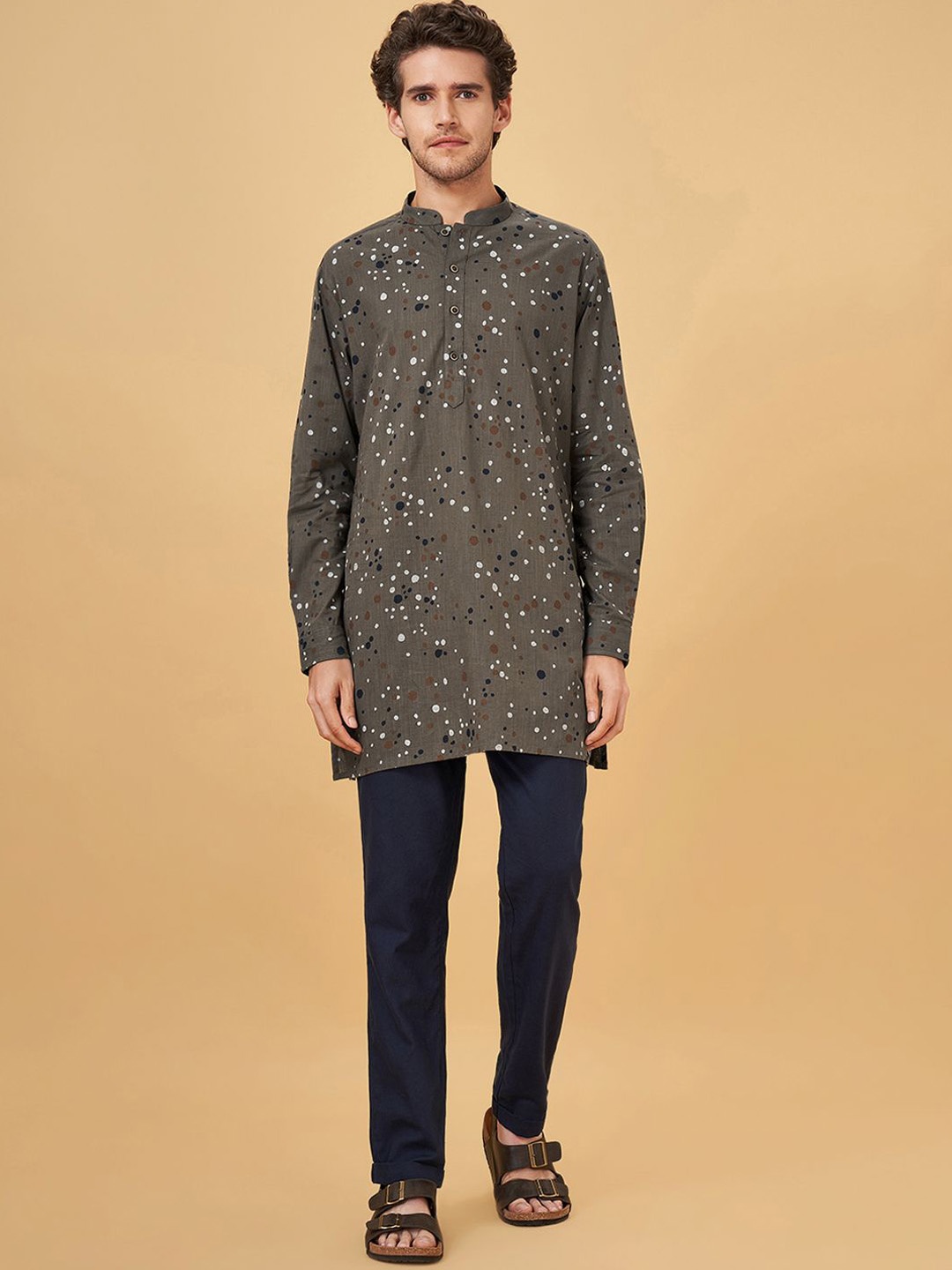 

indus route by Pantaloons Abstract Printed Mandarin Collar Pure Cotton Straight Cotton, Grey