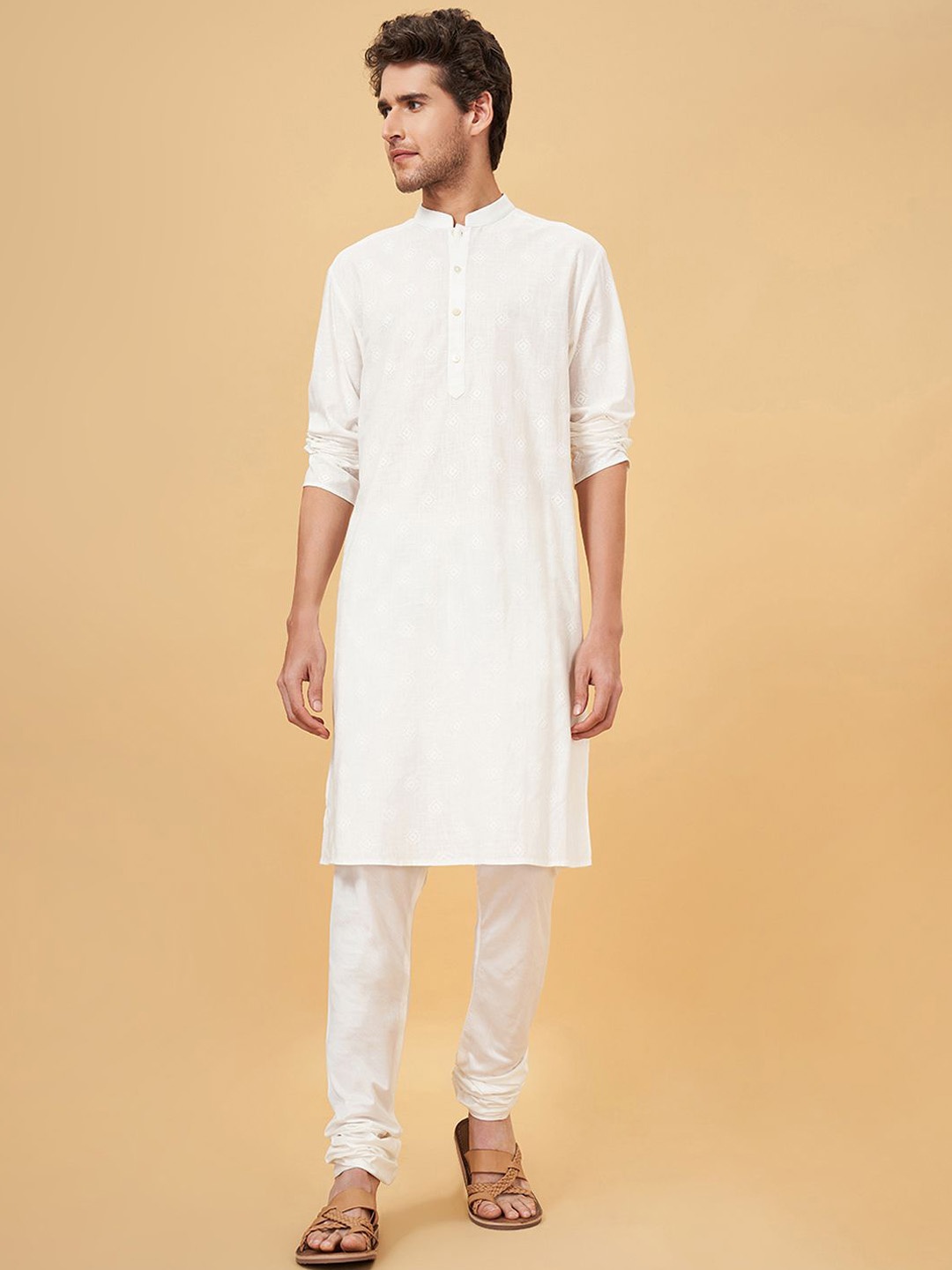 

indus route by Pantaloons Ethnic Motifs Printed Mandarin Collar Pure Cotton Straight Kurta, Off white