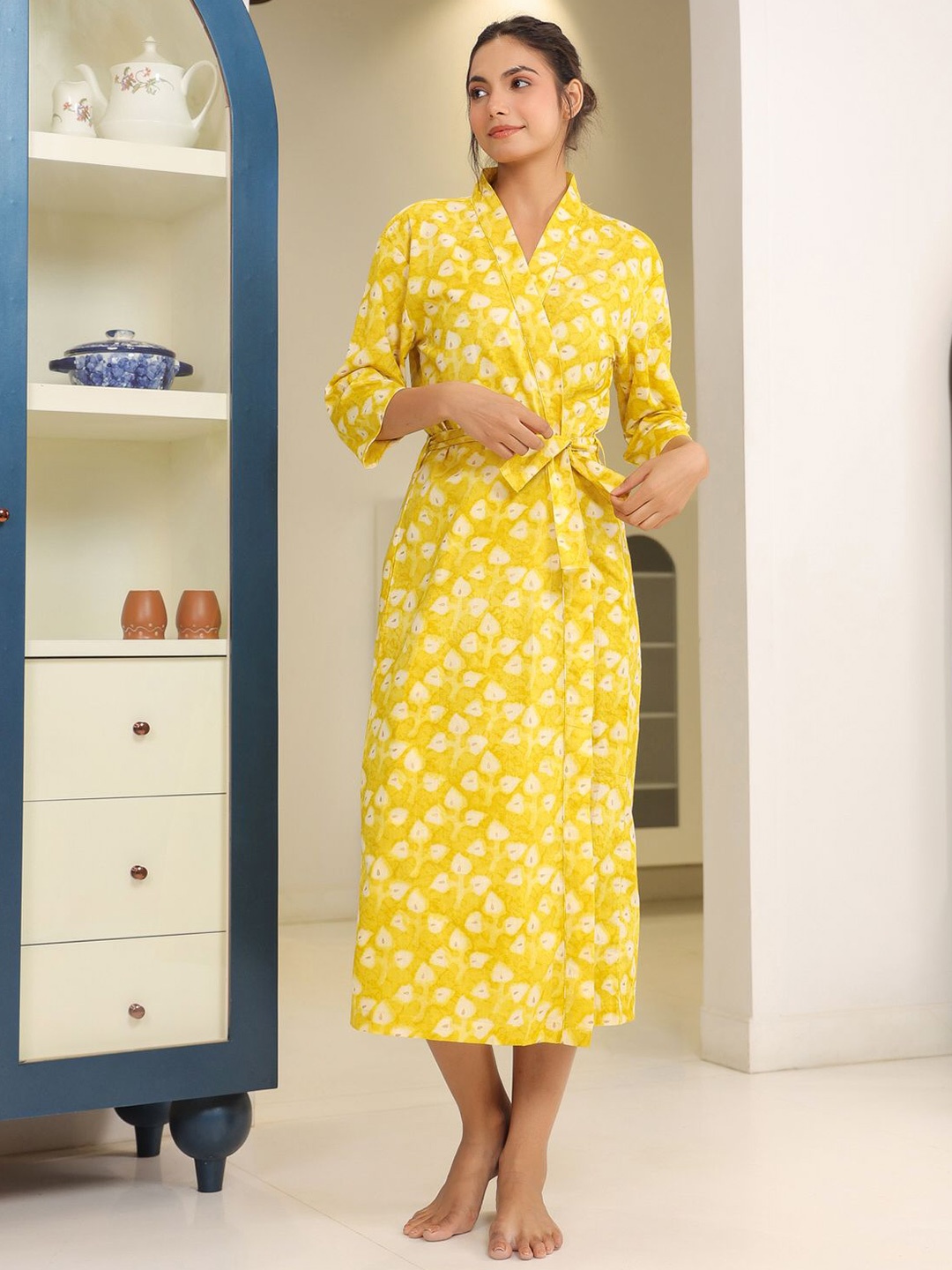 

JISORA Printed Pure Cotton Bath Robe, Yellow