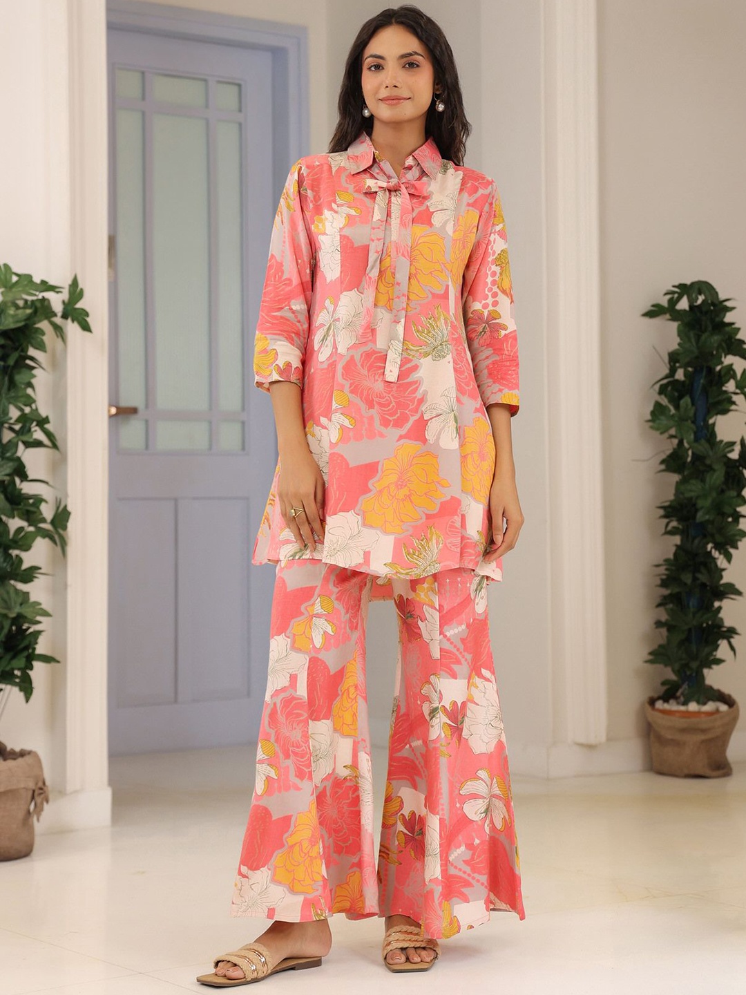 

JISORA Pink Printed Pure Silk Tunic With Trouser