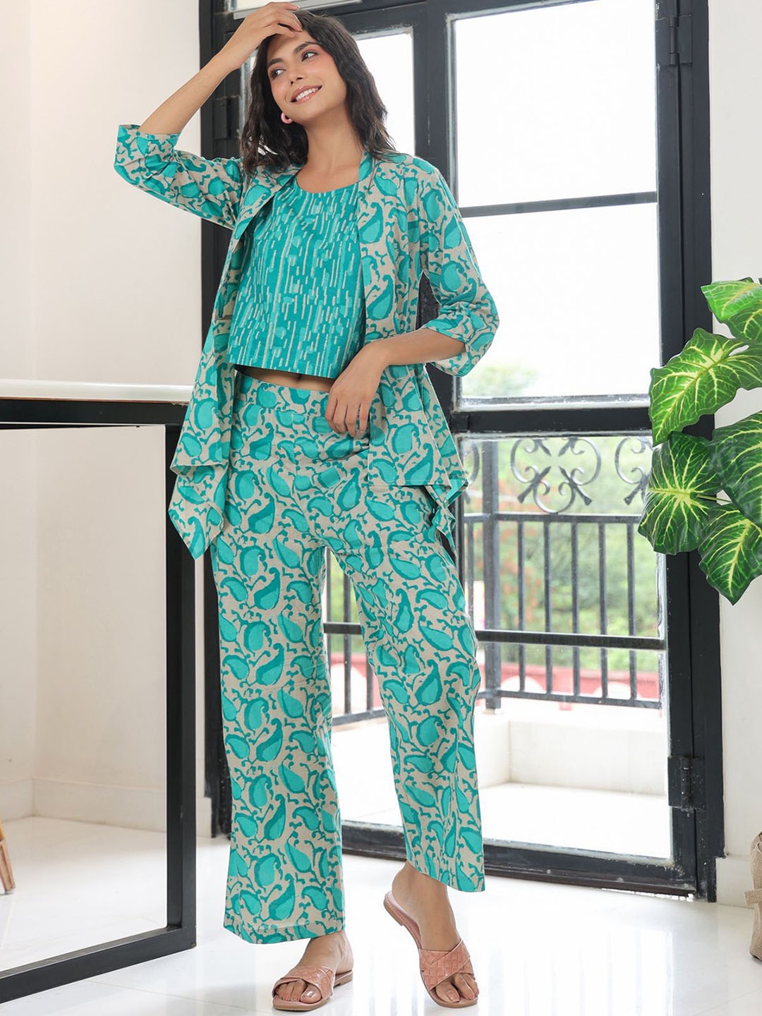 

JISORA Sea Green Printed Pure Cotton Top With Shrug & Trouser