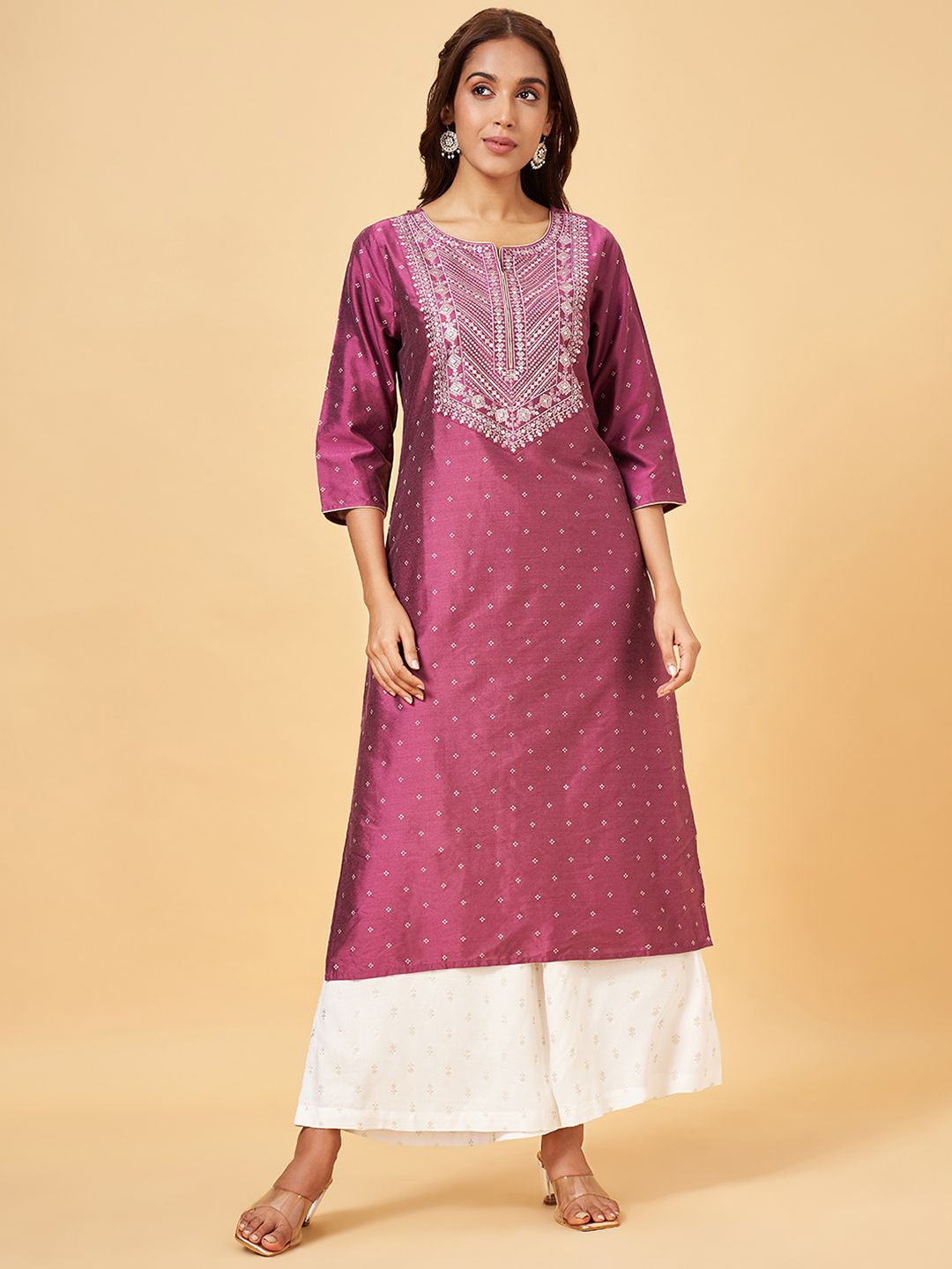 

RANGMANCH BY PANTALOONS Ethnic Motifs Embroidered Sequinned Straight Kurta, Mauve