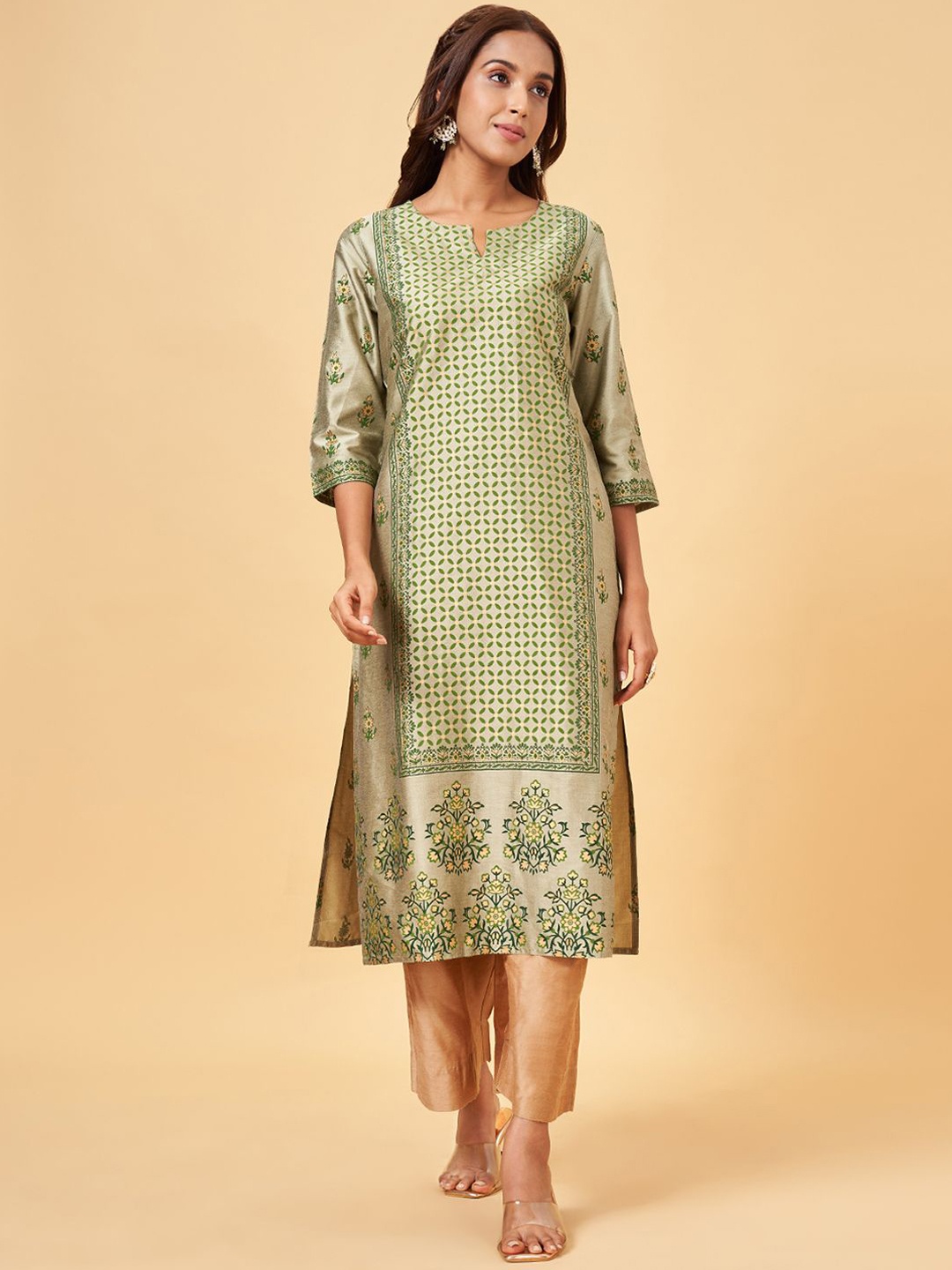 

RANGMANCH BY PANTALOONS Floral Printed Straight Kurta, Olive