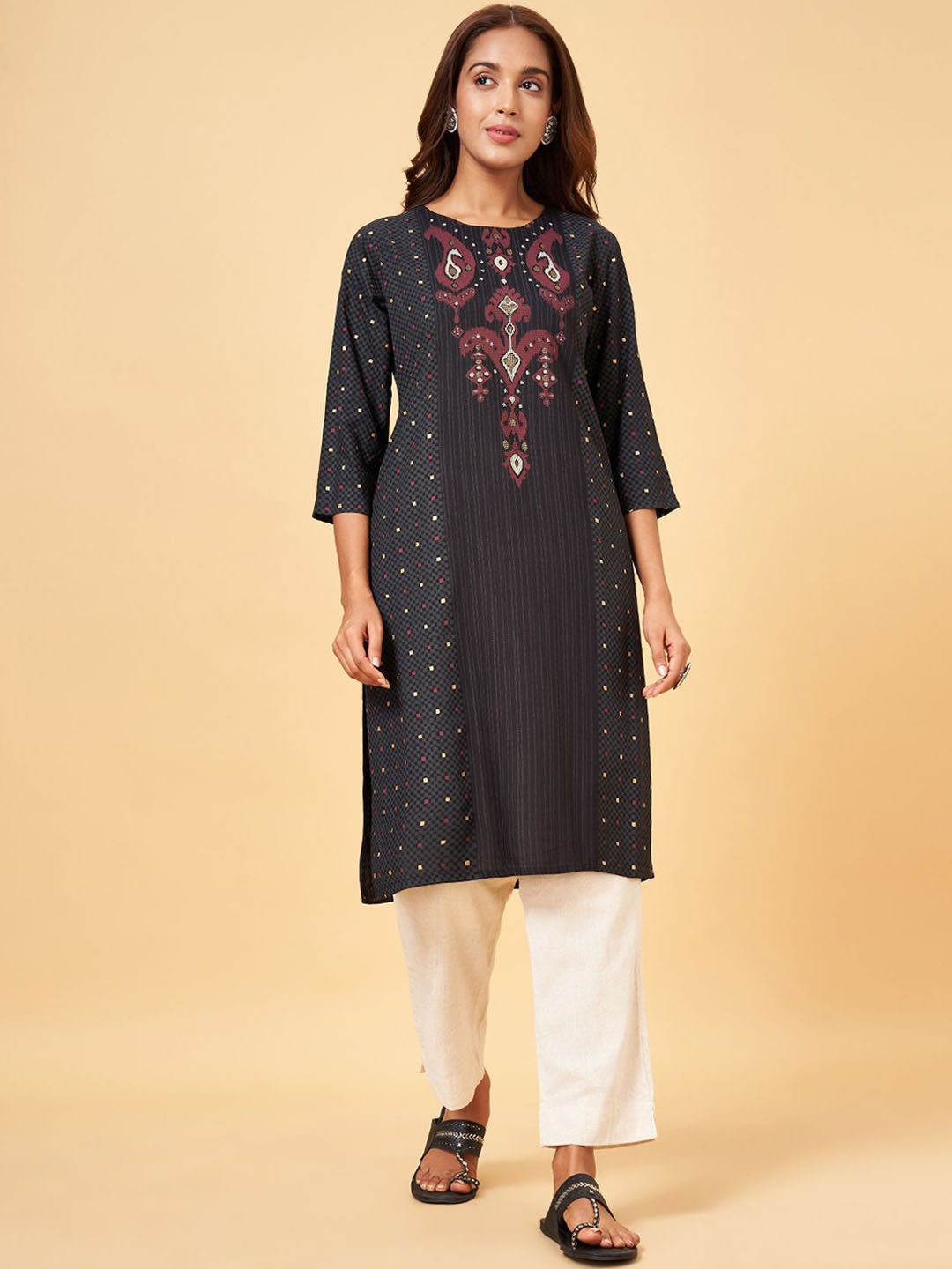 

RANGMANCH BY PANTALOONS Paisley Printed Straight Kurta, Charcoal