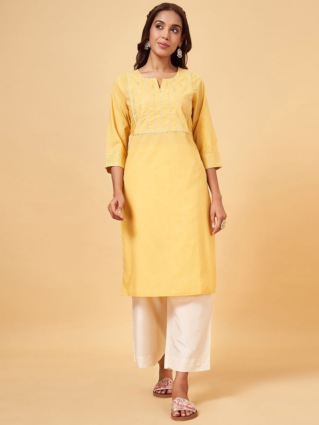 

RANGMANCH BY PANTALOONS Floral Yoke Design Sequinned Pure Cotton Straight Kurta, Yellow