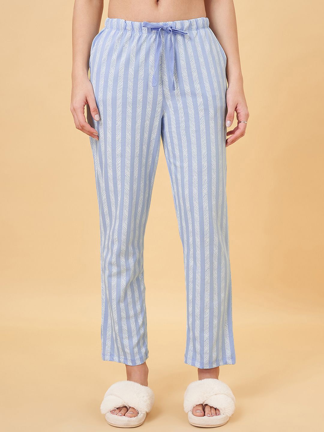 

Dreamz by Pantaloons Women Pure Cotton Striped Lounge Pants, Blue