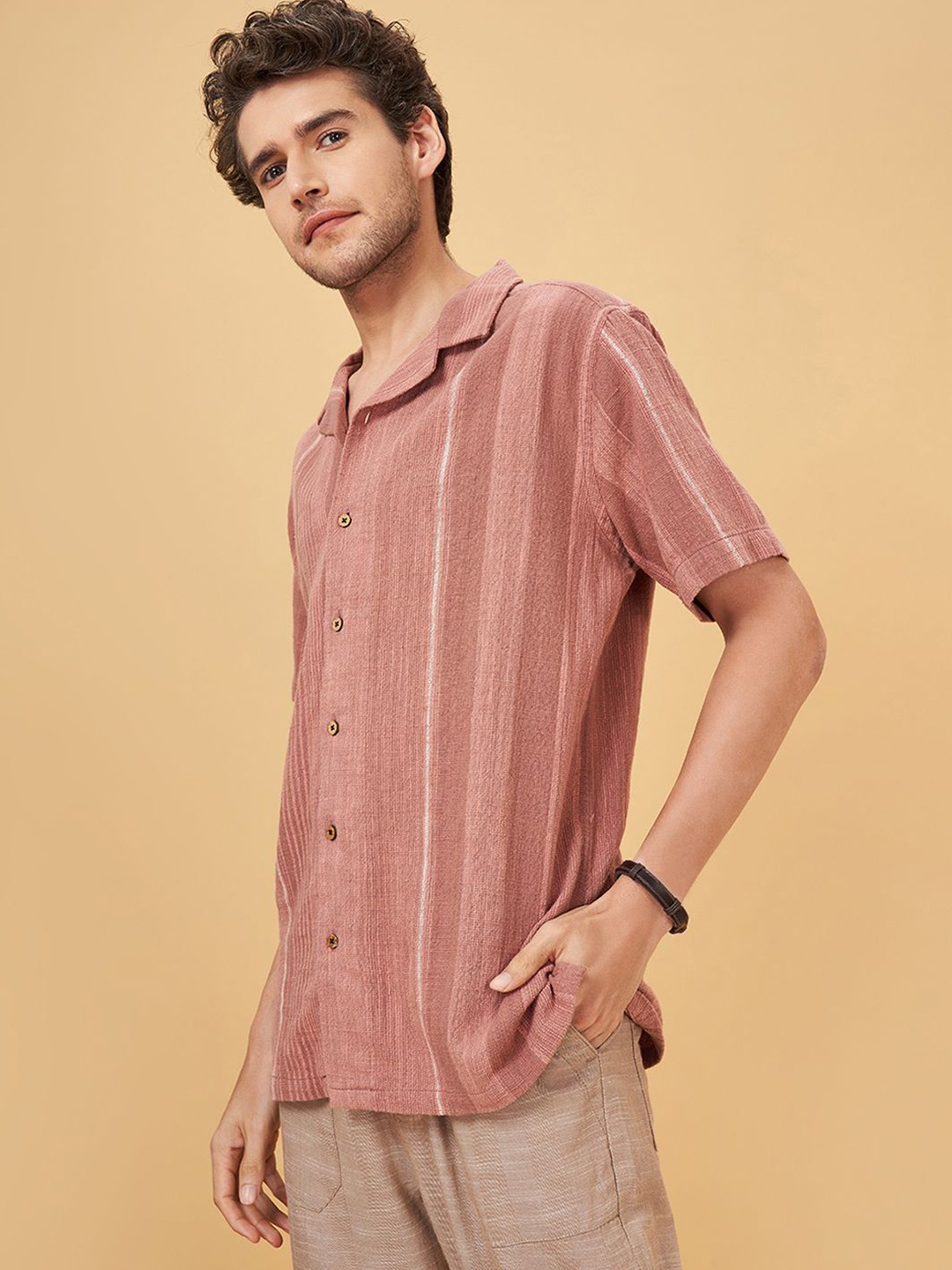 

7 Alt by Pantaloons Men Cotton Striped Short Sleeves Casual Shirt, Peach