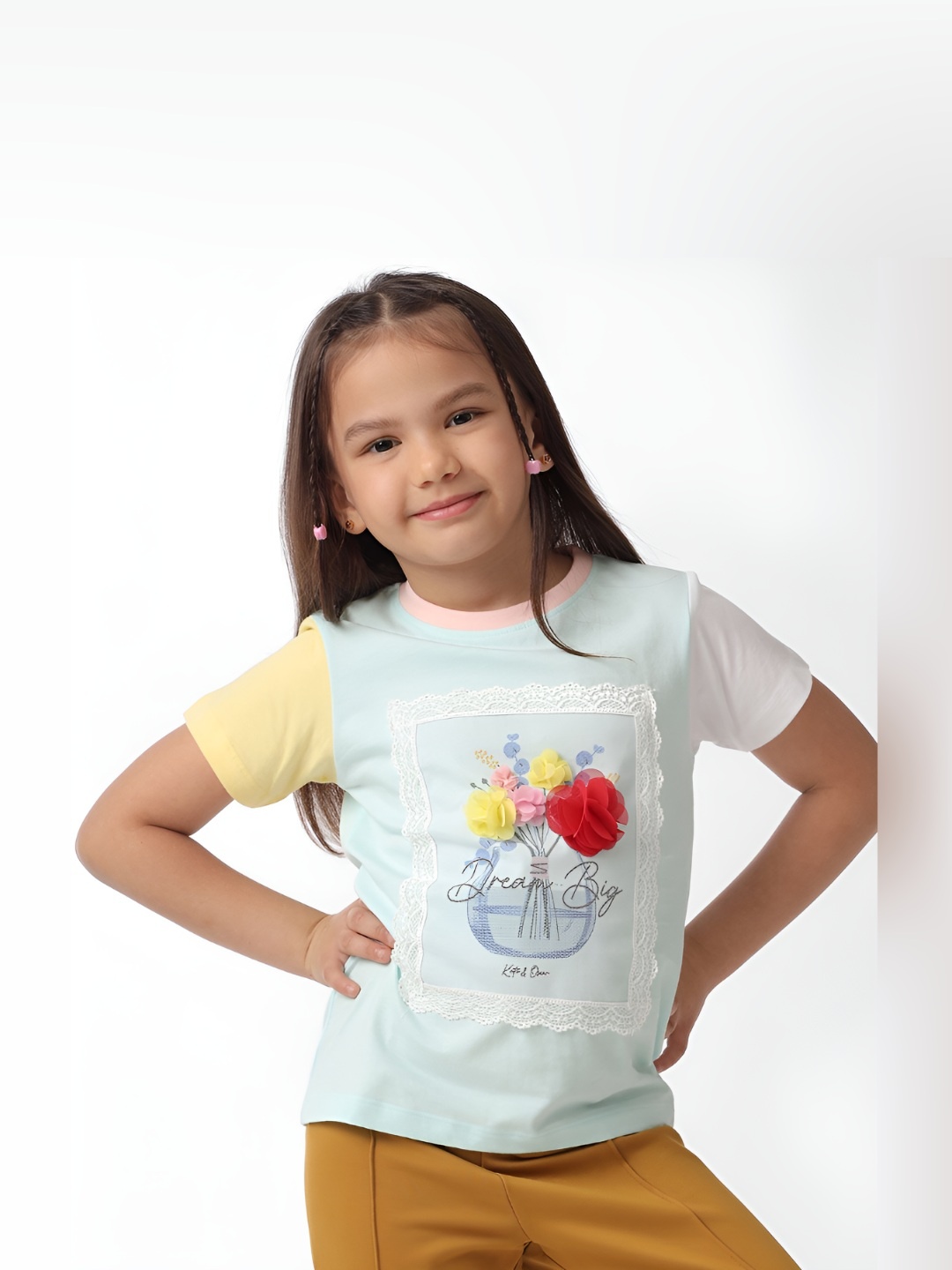 

KATE & OSCAR Girls Floral Printed Round Neck Cotton T-Shirt, Blue