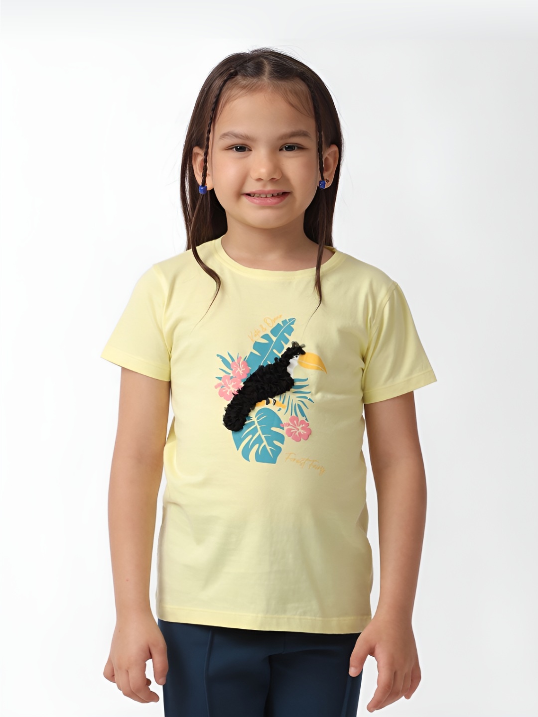 

KATE & OSCAR Girls Graphic Printed Round Neck Cotton T-Shirt, Yellow