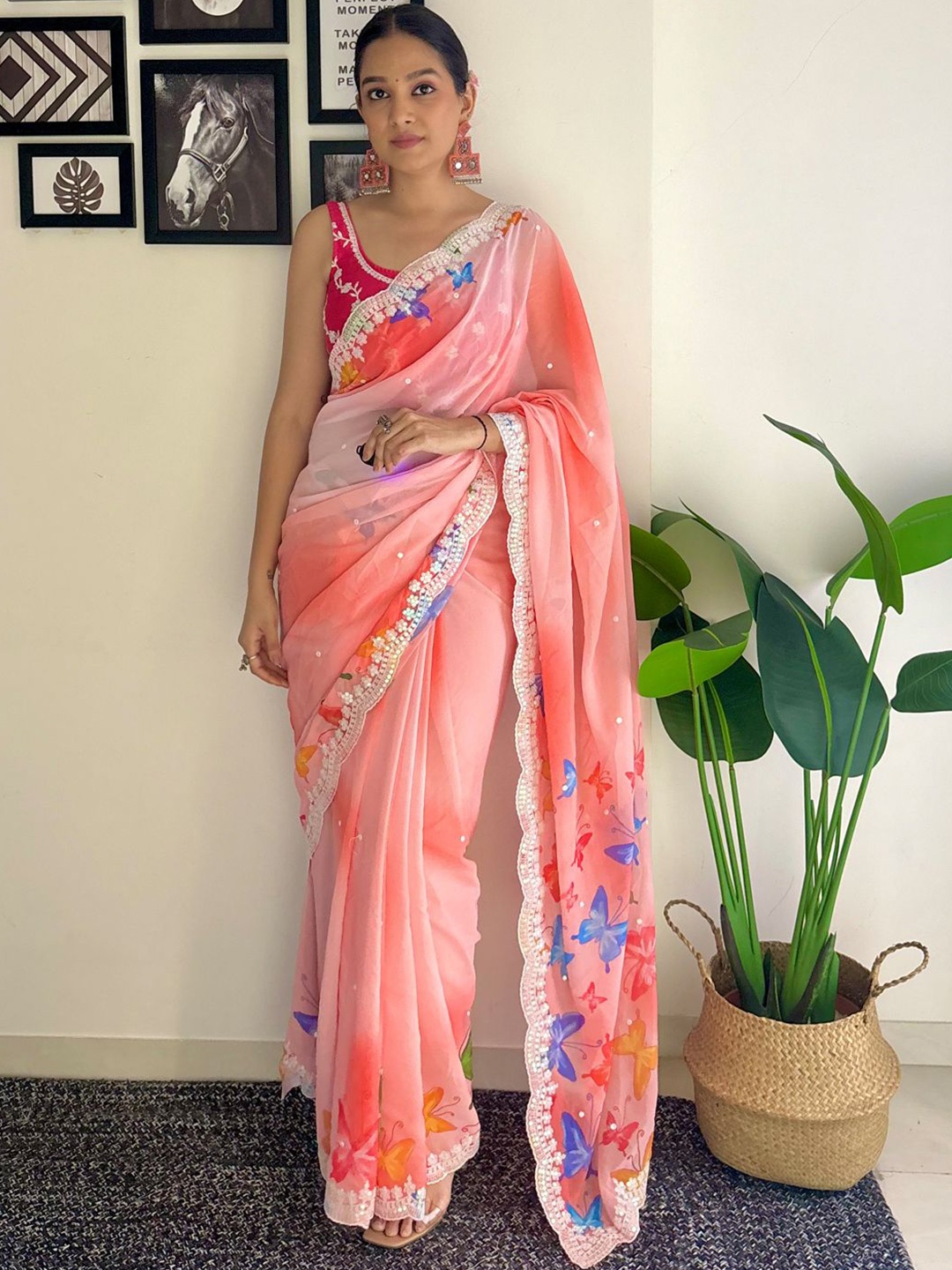 

Panzora Ethnic Motifs Embroidered Saree, Peach