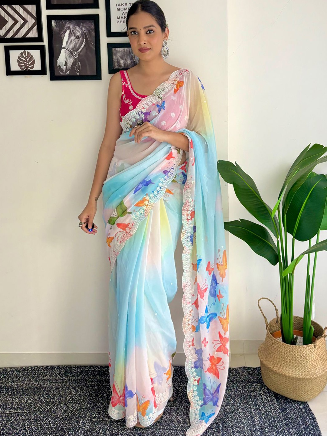 

Panzora Ethnic Motifs Embroidered Saree, Blue