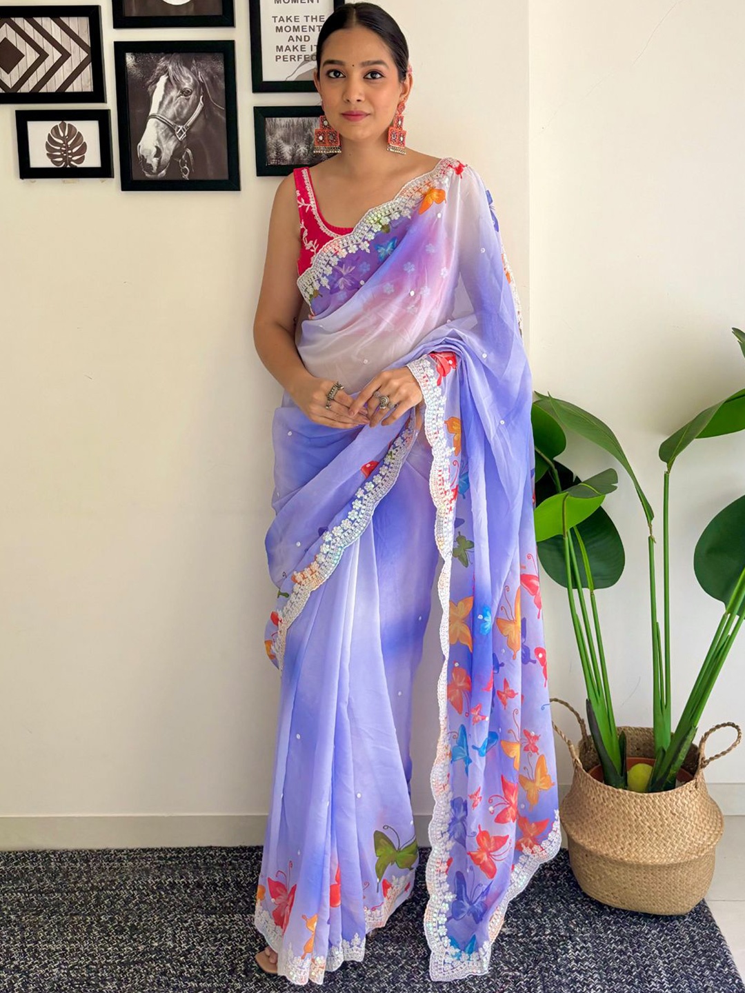 Panzora Ethnic Motifs Embroidered Saree, Lavender