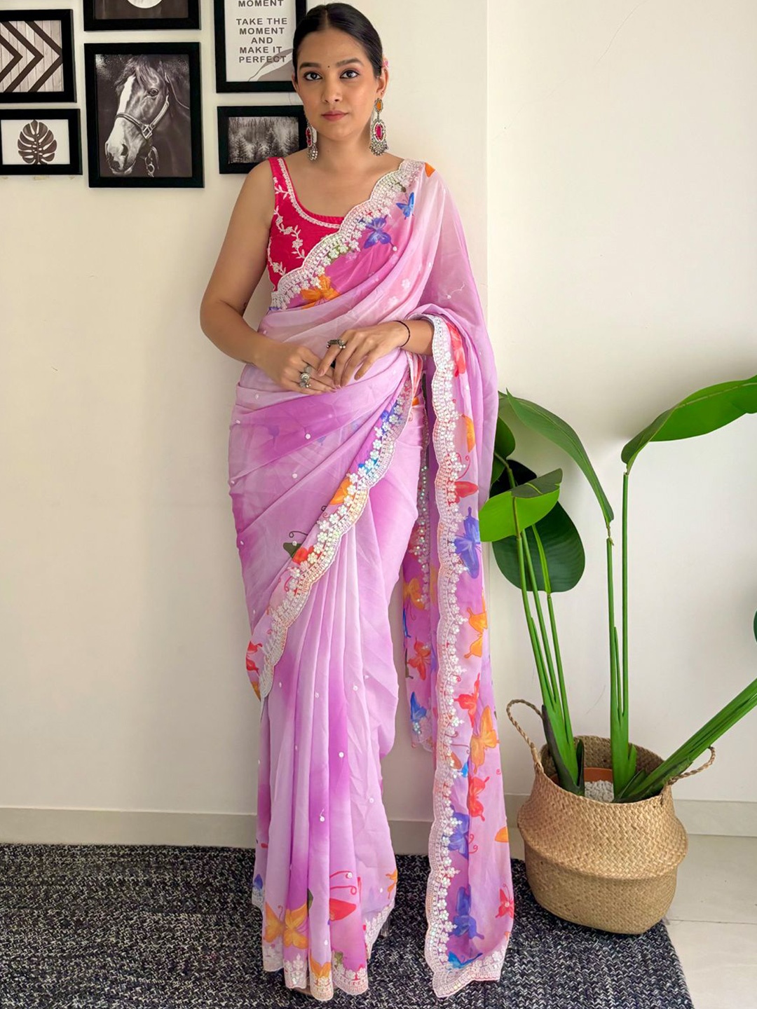 

Panzora Ethnic Motifs Embroidered Saree, Pink