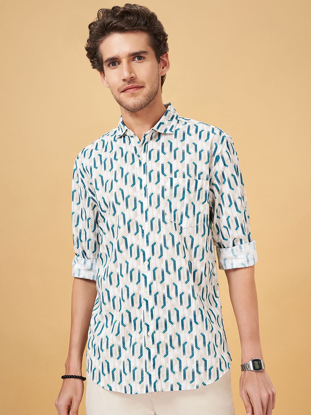 

BYFORD by Pantaloons Men Cotton Slim Fit Opaque Printed Casual Shirt, Cream