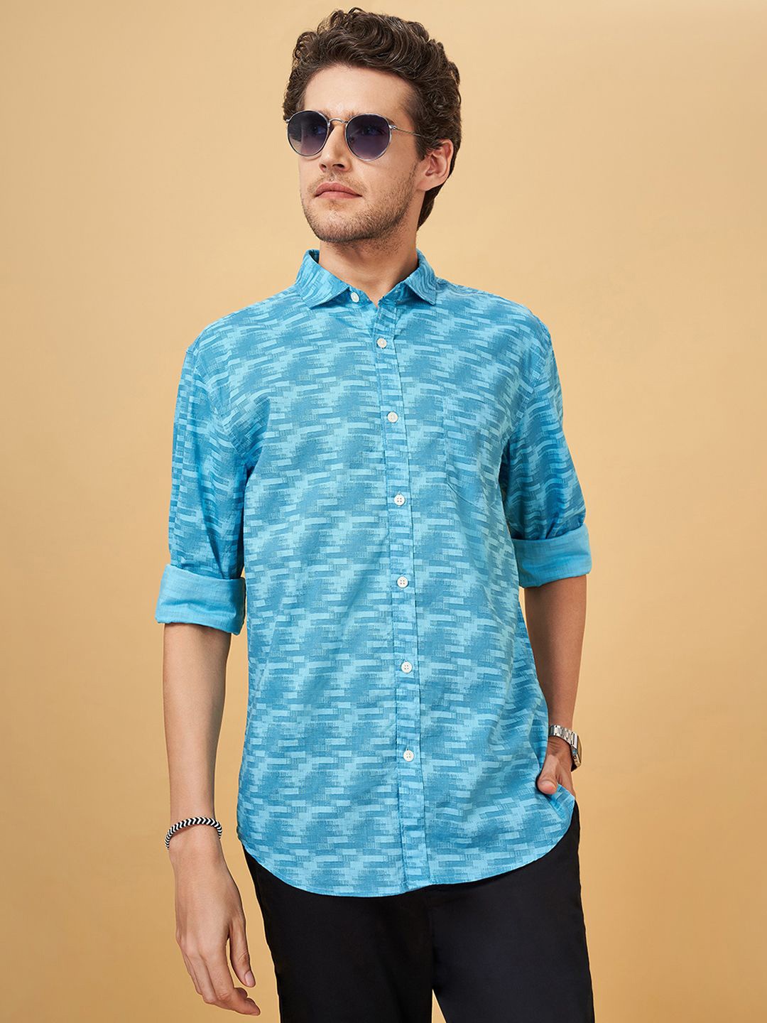 

BYFORD by Pantaloons Men Cotton Slim Fit Horizontal Striped Casual Shirt, Blue