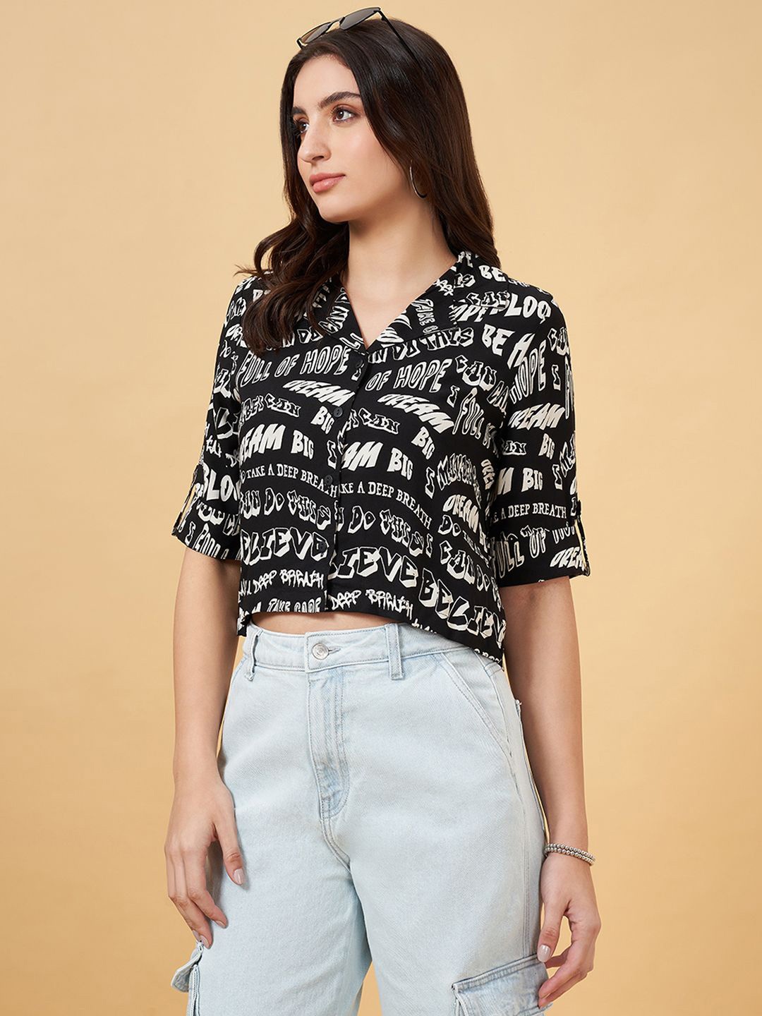 

People Women Printed Three-Quarter Roll-Up Sleeves Boxy Casual Shirt, Black