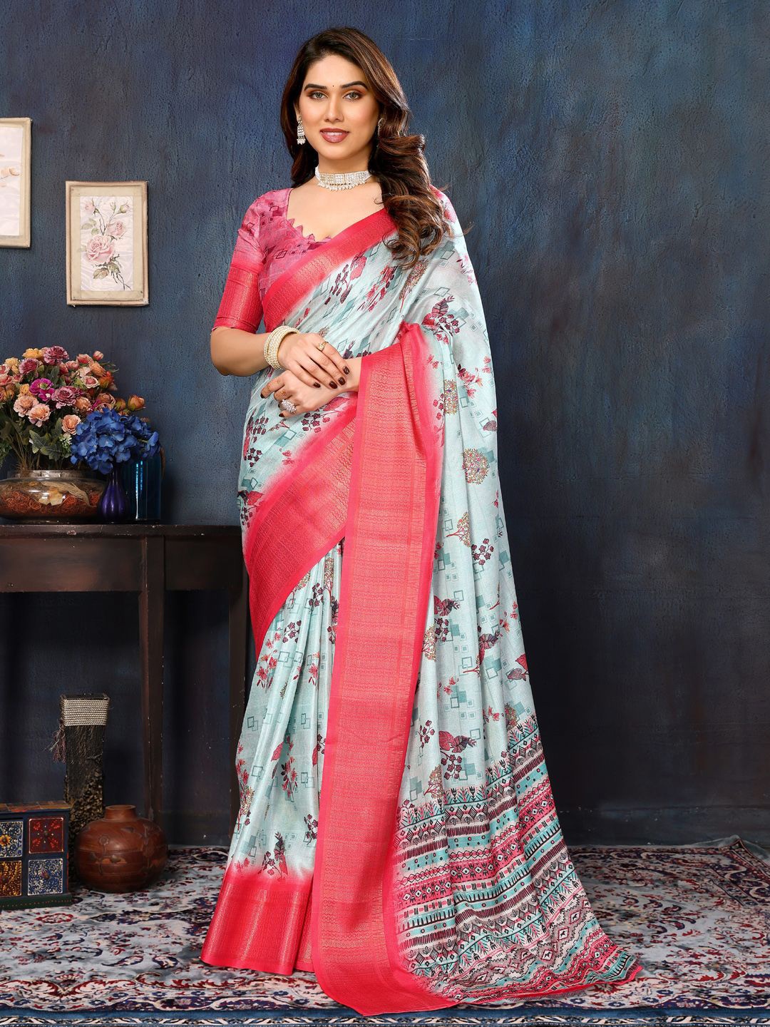 Panzora Woven Design Ethnic Motifs Printed Saree, Red